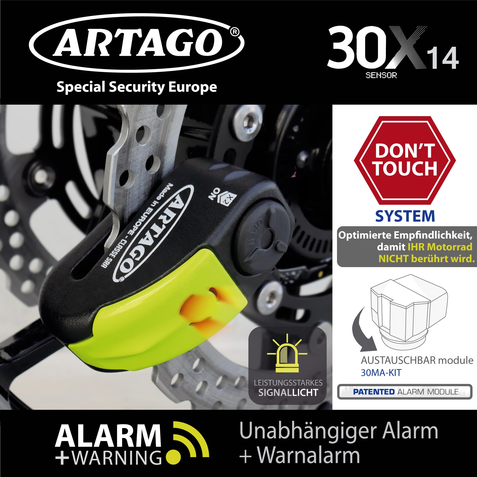 Artago 30X14 Motorradschloss Bremsscheibenschloss Alarm Don't Touch 120 dB hochwertig, ø14 Doppelverriegelung, Sold Secure Gold SRA homologiert, Bunker Selection, Schwarz/Gelb, 14 mm