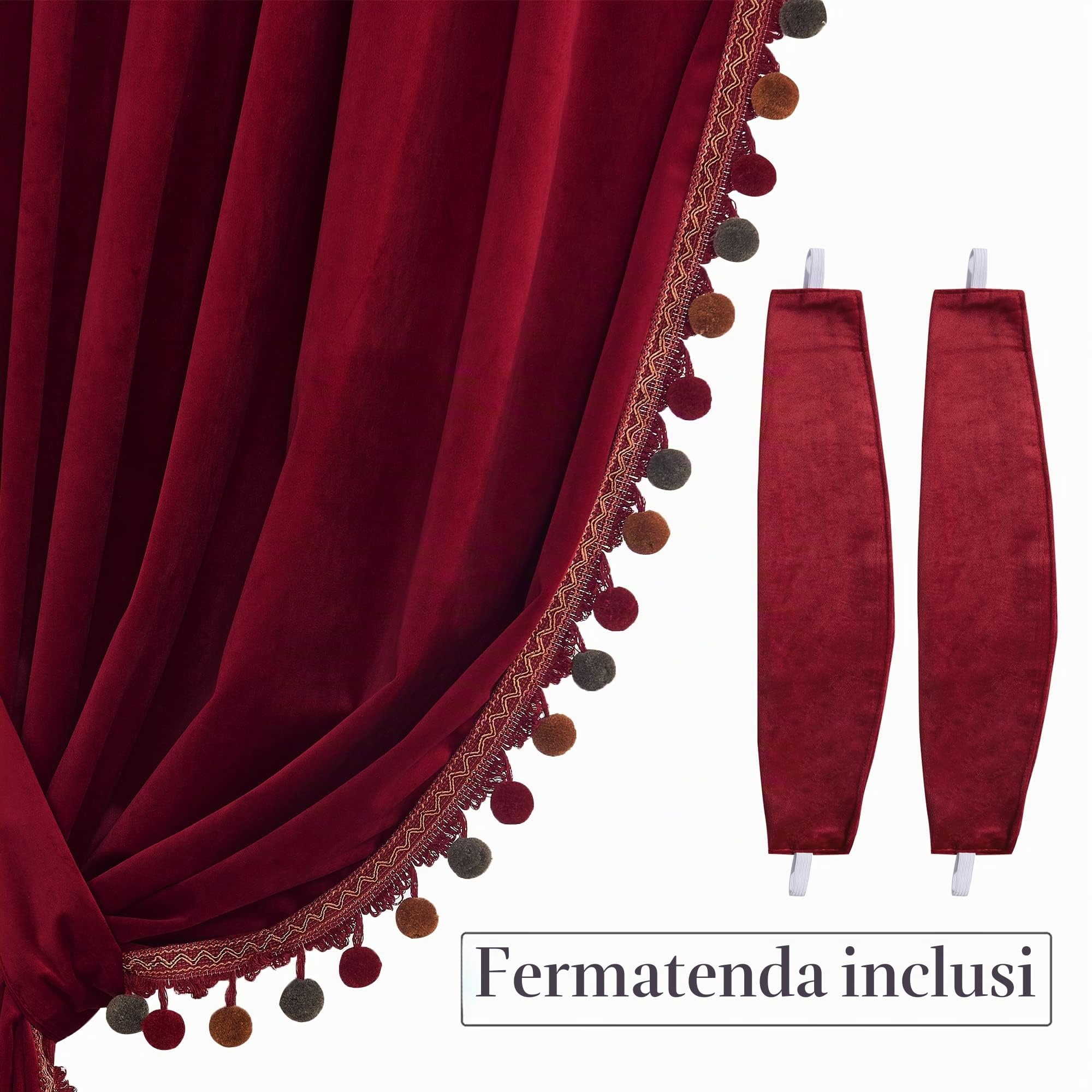 StangH Tende in velluto rosso con pompon – lussuose tende termiche isolate per la camera da letto, soggiorno, luce che bloccano la privacy, per teatro, W52 x L84, 2 pannelli e fermatenda