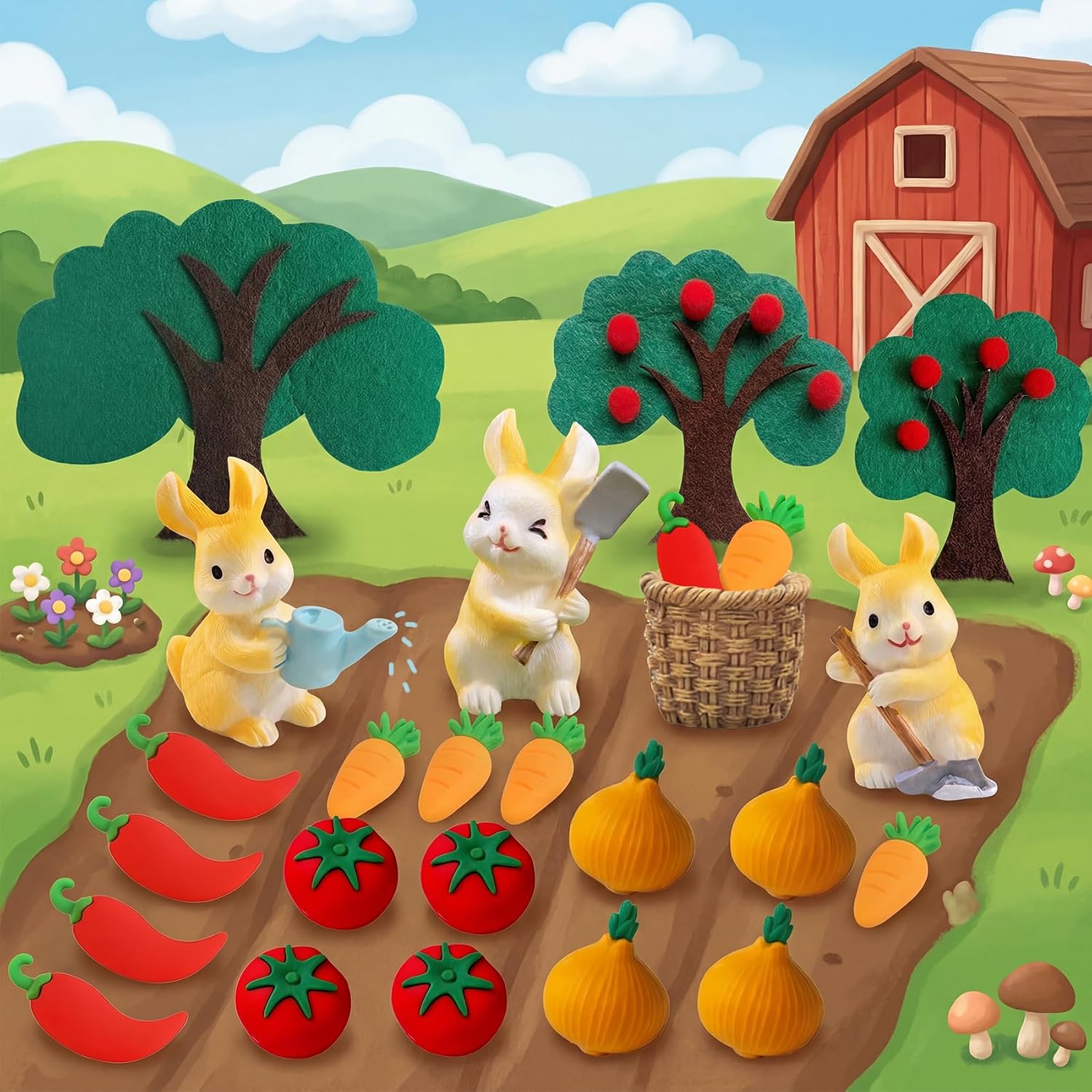 25Pcs Locally Grown Vegetable Cake Topper with Bunny Carrot Cake Decoration | Ideal for birthday party, farmer's market party, fruit and vegetable theme party and farmer's birthday party