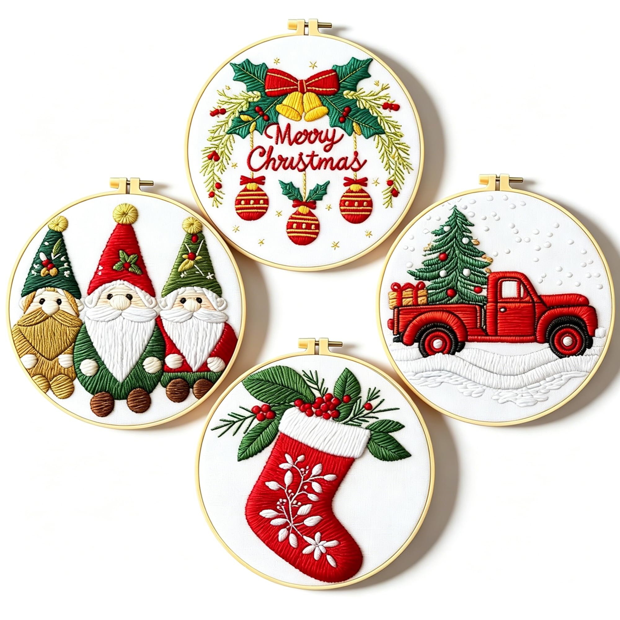 Zhenqing Christmas Embroidery Kit for Beginners - 4 Piece 29x29cm Round Hoop Art with Pre-Printed Cotton Fabric, Embroidery Hoop, Threads &amp; Tools (Merry Christmas, Stocking, Truck, Gnomes)