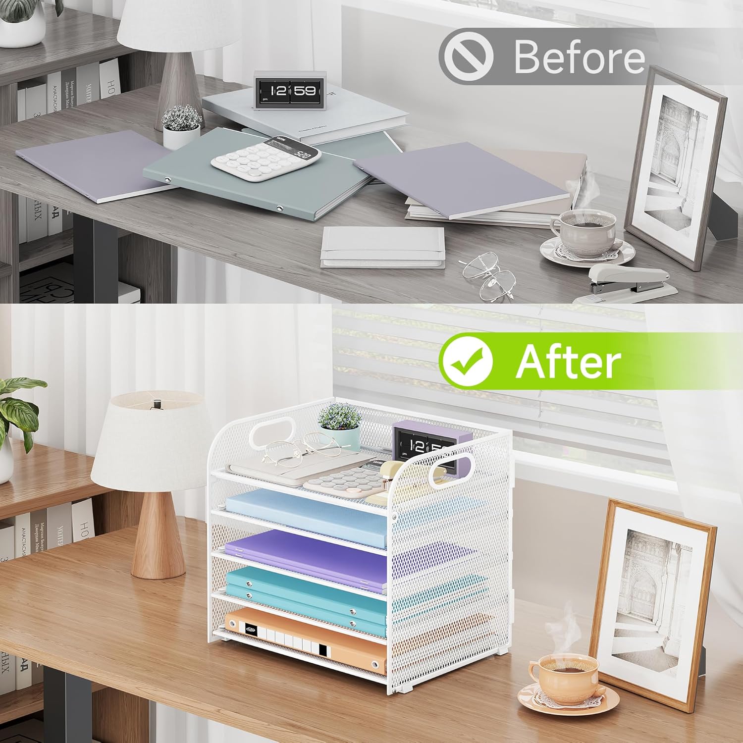 Cawukege 2 Pack 5 Tier Paper Organizer, Letter Tray with Handle, Mesh Desk Organizer, Metal File Organizer, Office Desk Accessories for Home, Office, Classroom, School -White