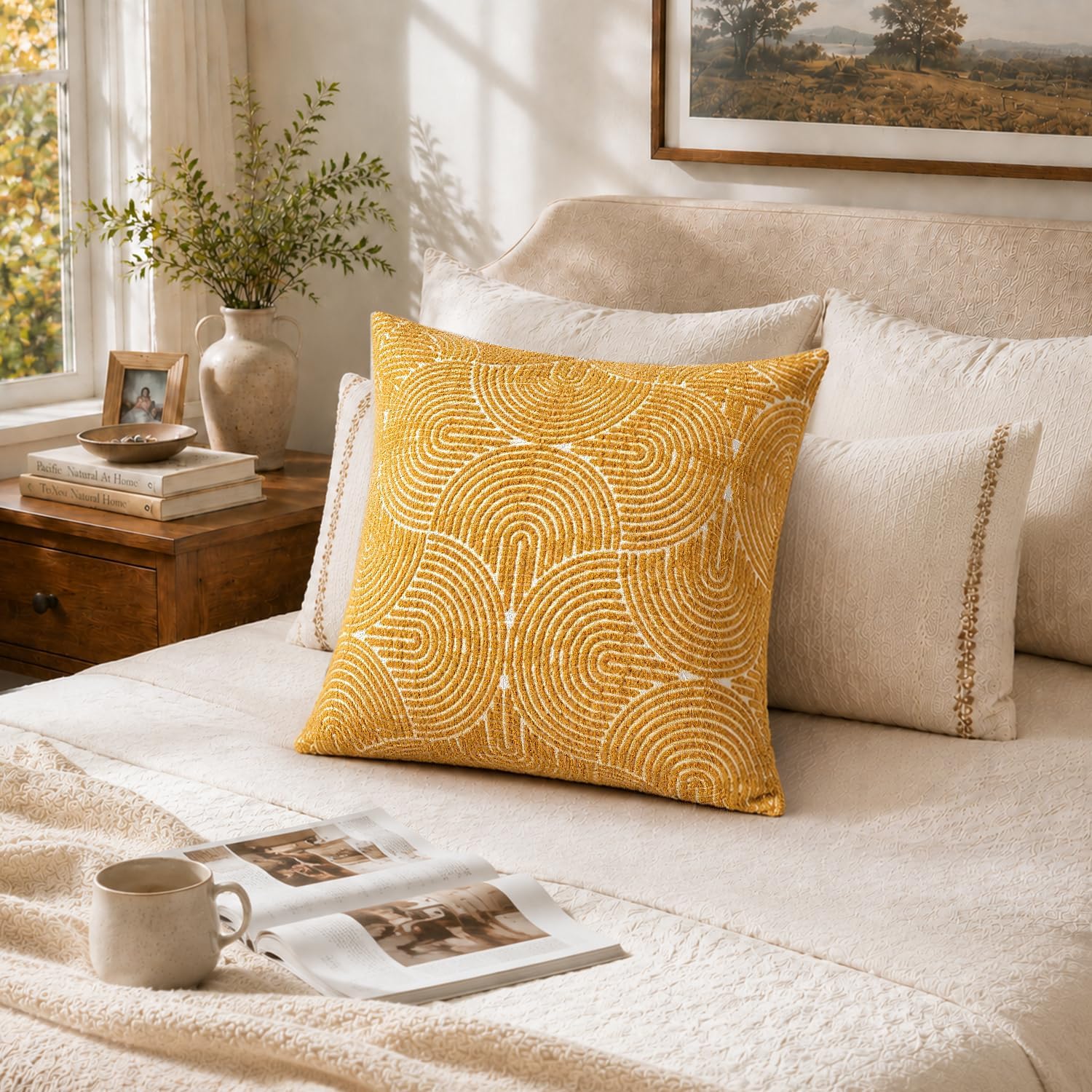 AELS Boho Decorative Textured Throw Pillow Covers 18x18, Organic Modern Mid Century Rainbow Tufted Pillow Case, Farmhouse Rustic Geometric Woven Cushion Case for Bed Couch Sofa, Mustard Yellow image 5
