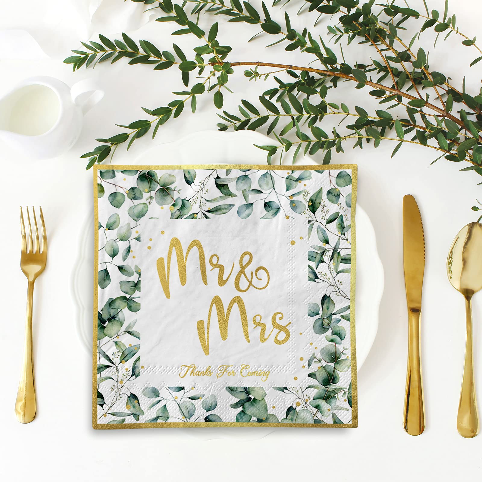 AnyDesign 100 Stück Hochzeit Servietten 16,5 cm grüne Folie Gold Mr & Mrs Luncheon Servietten Eukalyptus Blätter Einweg Dekorative Abendessen Papierservietten für Brautdusche Verlobung Hochzeit Party