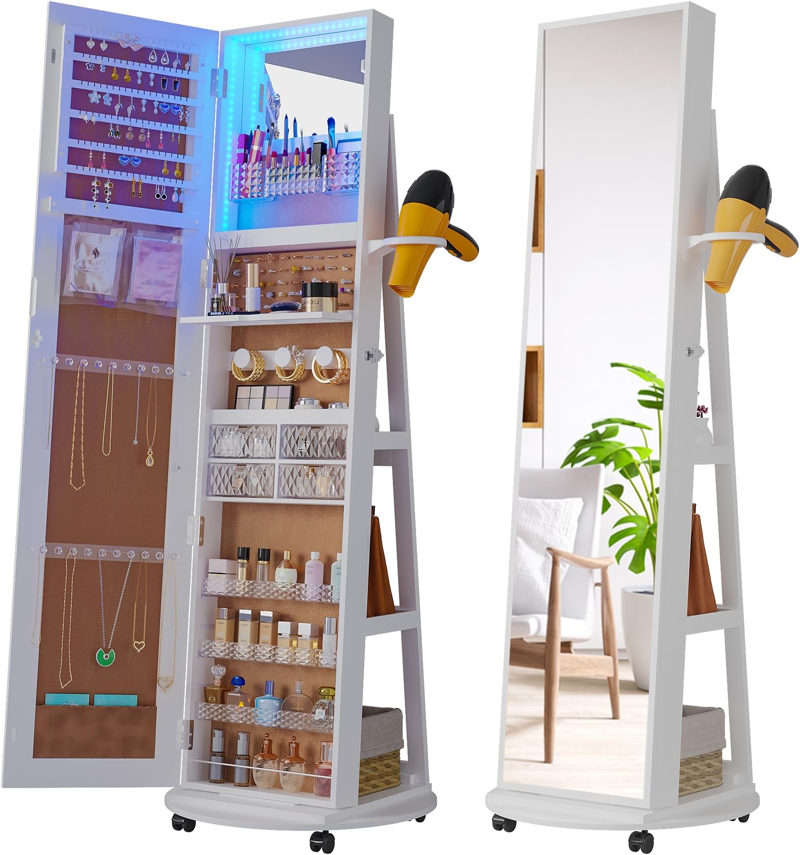 Jewelry Cabinet Armoire With Full Length Mirror - 360° Swivel & Wall Mount, Lockable With LED Lights & Drawers | Antique Brown Organizer