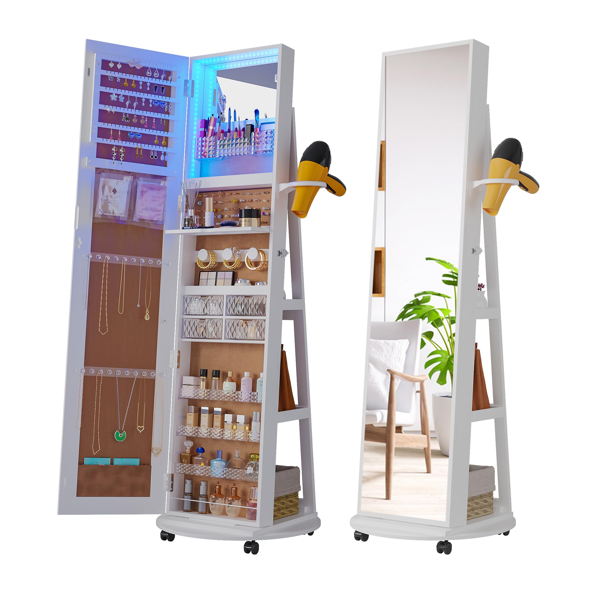 SKKTKT 360° Rotating Jewelry Cabinet Organizer with Lights, Full Length Mirror with Jewelry Storage, Lockable Standing Jewelry Armoire Organizer, Foldable Makeup Shelf, Inside Makeup Mirror (White)