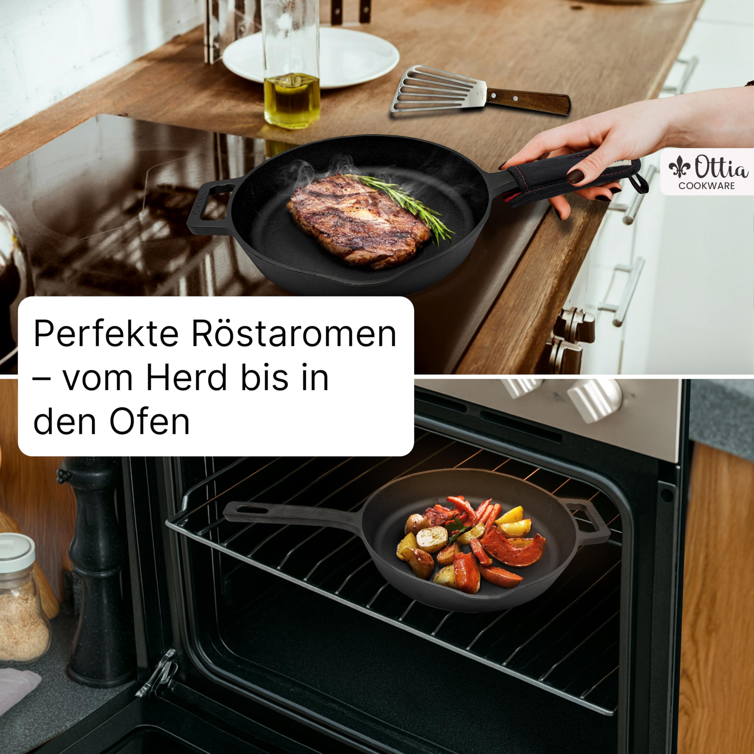 Ottia reine Gusseisenpfanne Induktion 28cm (ungeschliffen), mit eKochbuch, Pfannenwender, waschbarem Hitzeschutz, Gusseisen, Eisenpfanne, Cast Iron Pan, Händler aus Hamburg