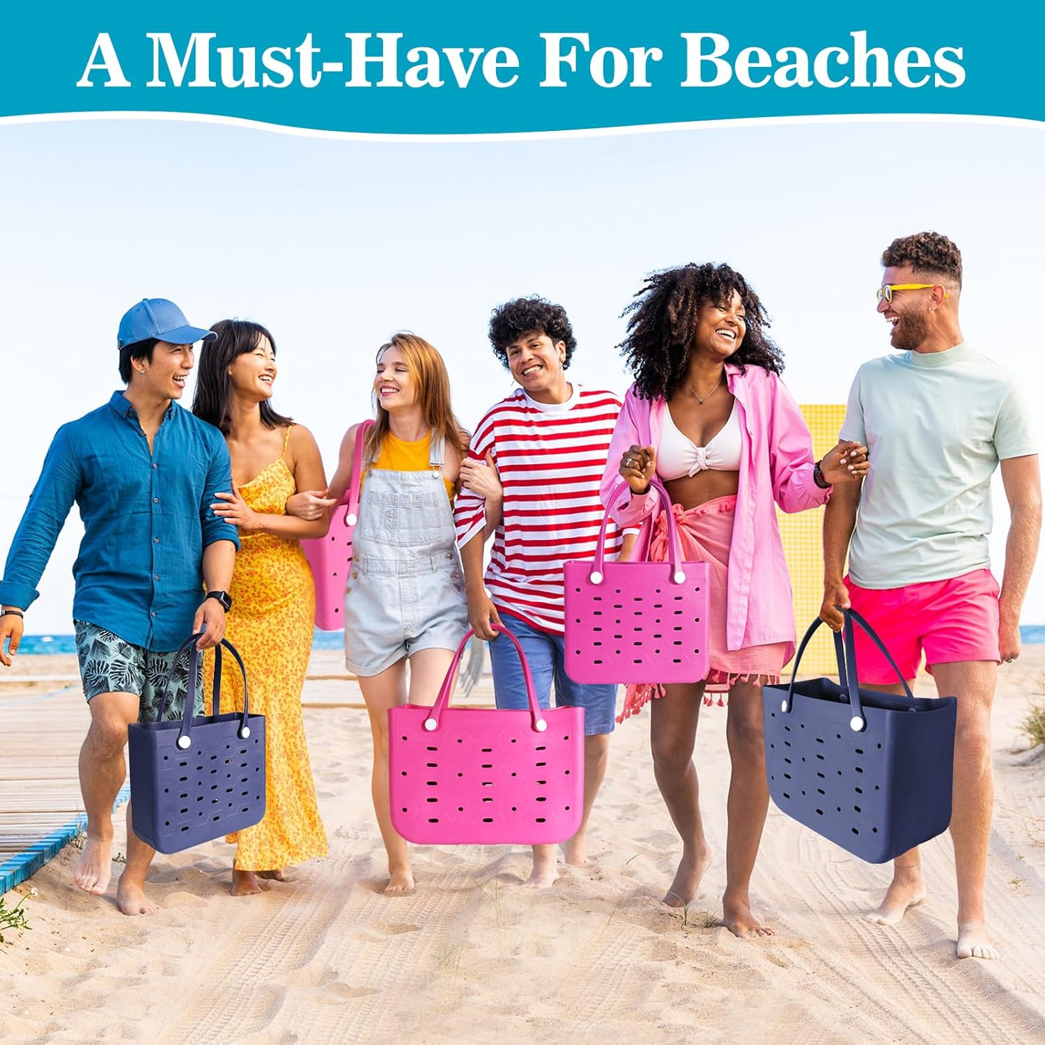 Medium Rubber Beach Bag for Men & Women, Travel Tote Bag for the Beach Boat Pool (Rose Pink) - Image 4