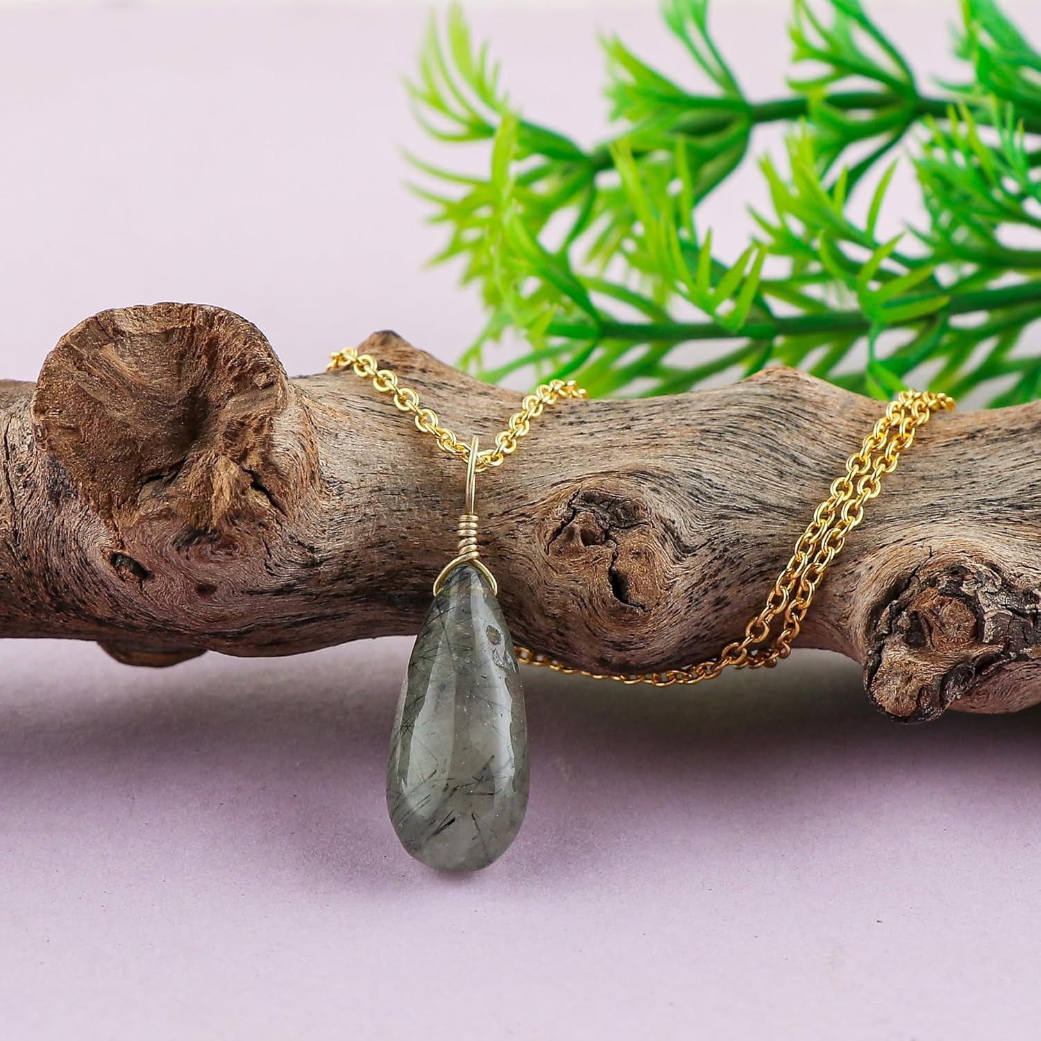 Natural Green Rutiled Quartz Gemstone Necklace, Polished Teardrop Stone Dainty Pendant, Handmade Bohemian Jewelry, Healing Crystals, Gold Plated Chain, Christmas Gift for Women-18inch - Image 2