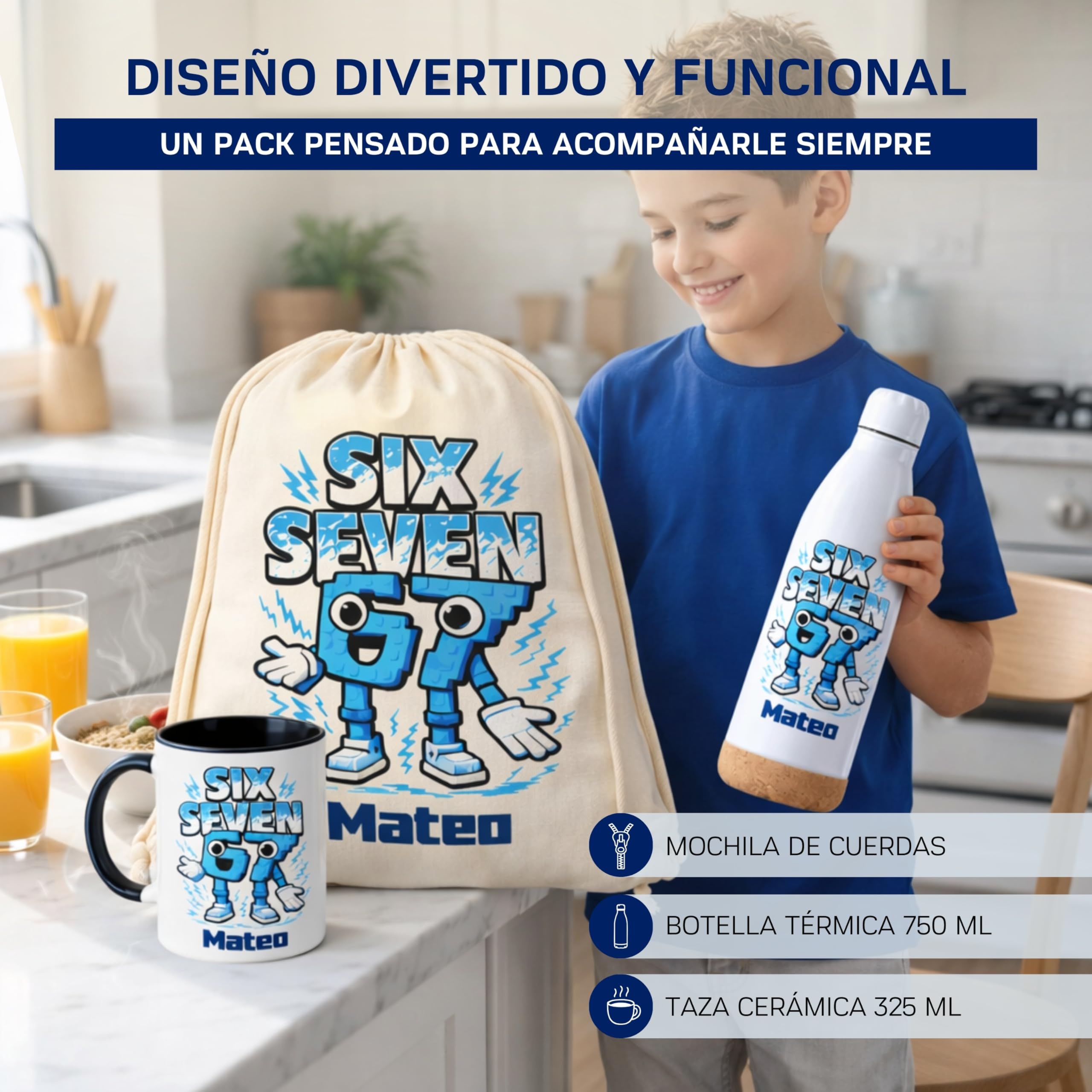 Gifters | Pack Regalo Personalizado Niño SIX SEVEN | Mochila de Cuerdas + Termo + Taza con Nombre | Kit Escolar Infantil | Regalo Original Niño, Cumpleaños, Navidad y Comunión | Pack Vuelta al Cole