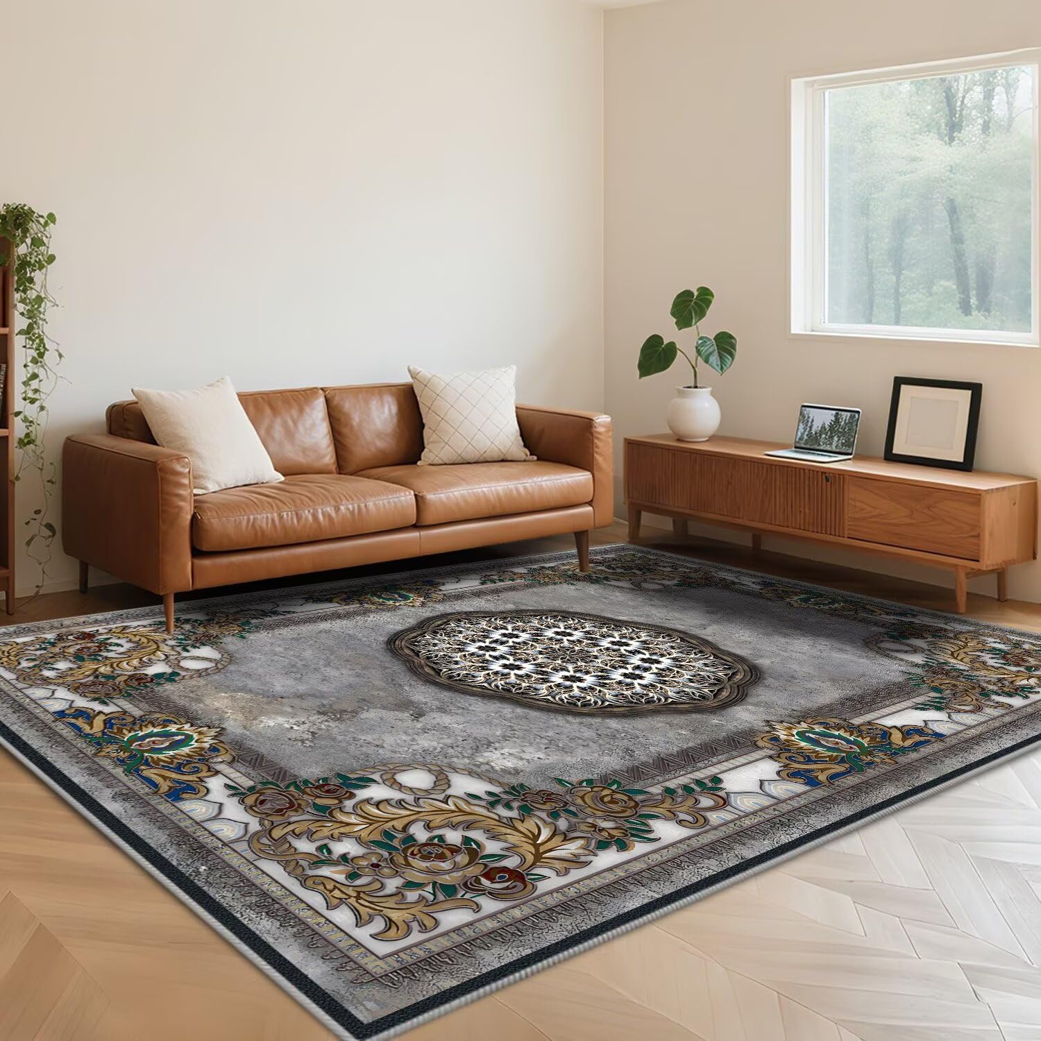 Tapis retro salon lavable 200x300cm gris antidérapant pour grande chambre