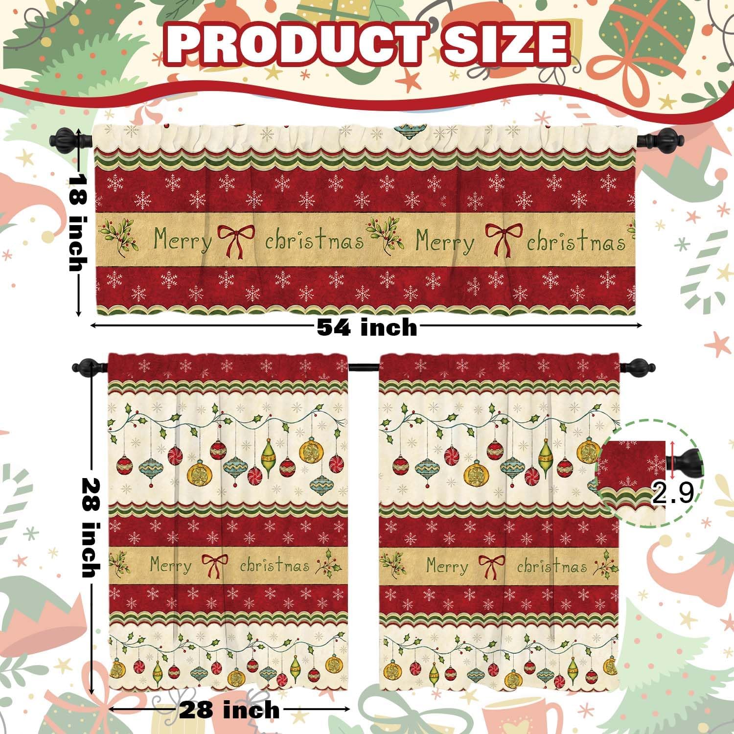 3 Pcs Christmas Kitchen Curtains Valances and Tiers Set,Merry Christmas Curtains for Windows,Red Green Ornament Snowflake Short Curtain Set for Bedroom Window Treatment Decor Cafe Curtains for Kitchen