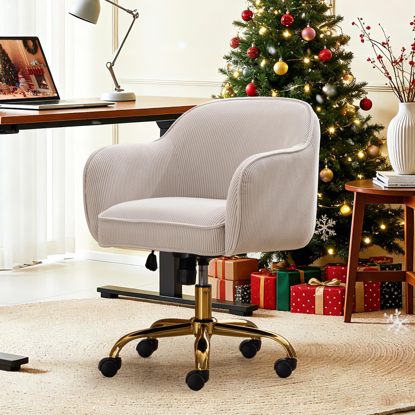 obmedin Home Office Desk Chair with Arms Gold Wheels Modern Velvet Upholstered Rolling Computer Chair Mid-Back Ergonomic Adjustable