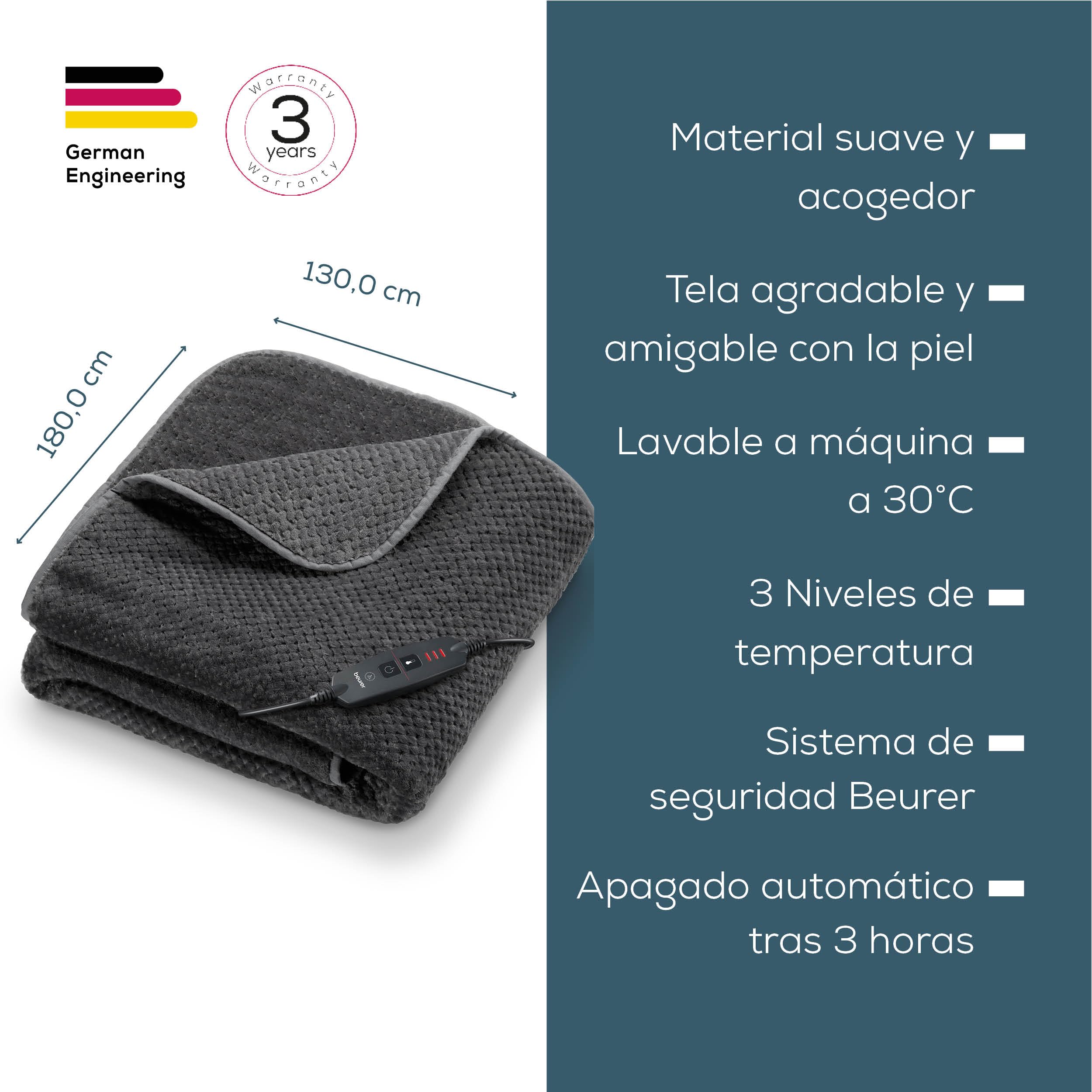 Beurer HD 65 manta eléctrica, manta térmica acogedora de material suave con 3 niveles de temperatura, con apagado automático y sistema de seguridad, lavable a máquina a 30 °C, made in Europe, gris