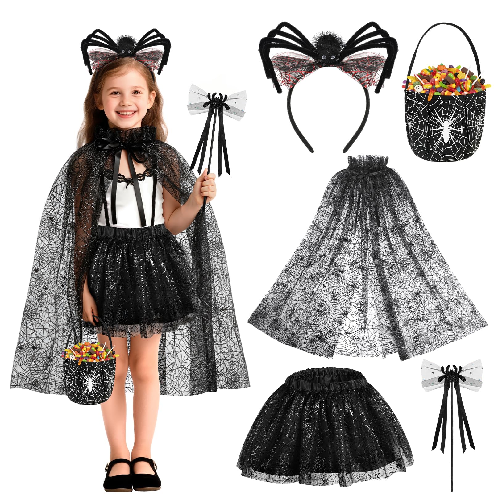 Beipegin Spider Costume for Kids Spiderweb Cape Tutu Skirt Spider Headband Candy Bag Halloween Vampire Costume Fancy Dress Cosplay