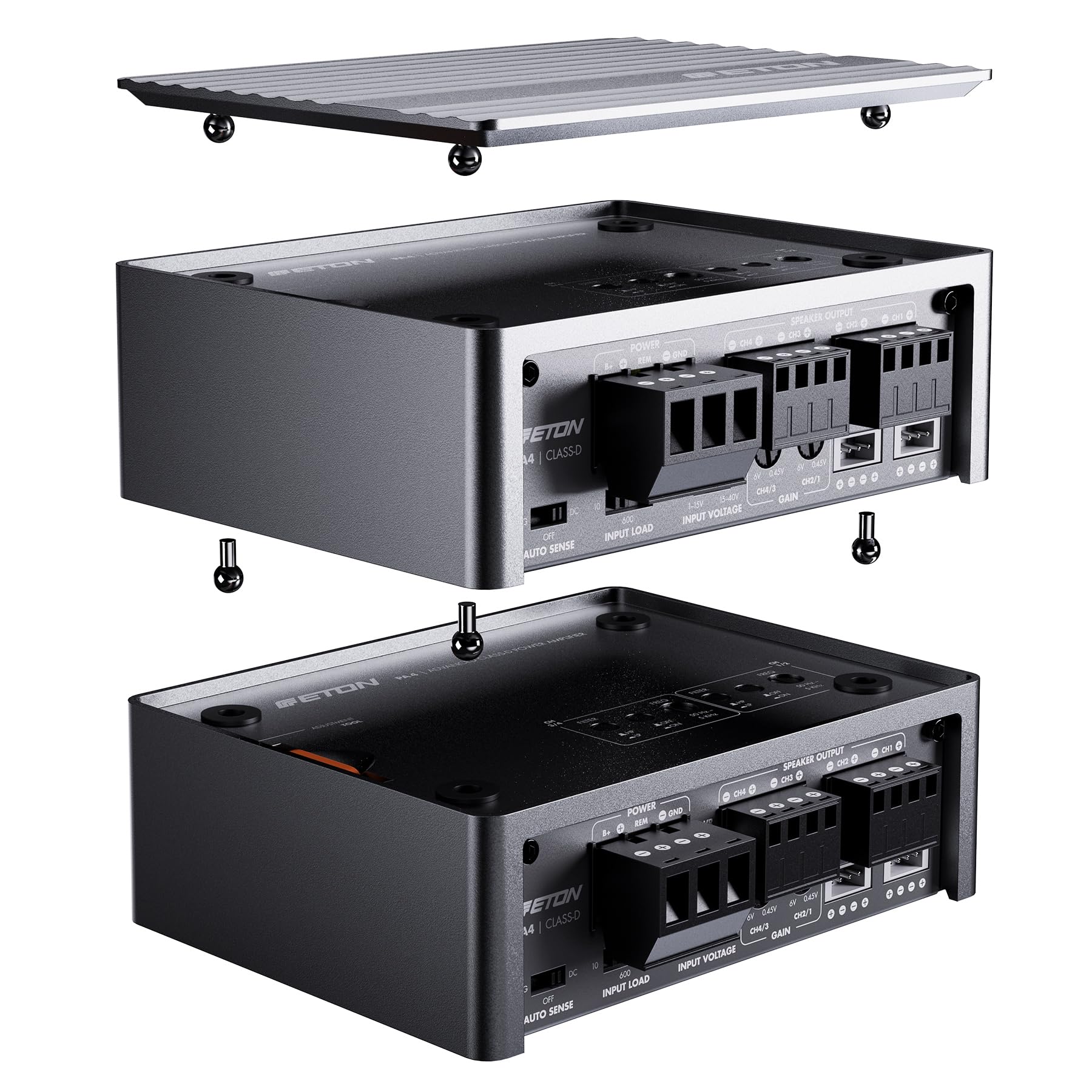 ETON PA 4 – ultra kompakter 4 Kanal Verstärker, leistungsstarke digitale Micro Endstufe für Autos und Reisemobile, Class D Amp mit 2 x 45 + 2 x 80 Watt