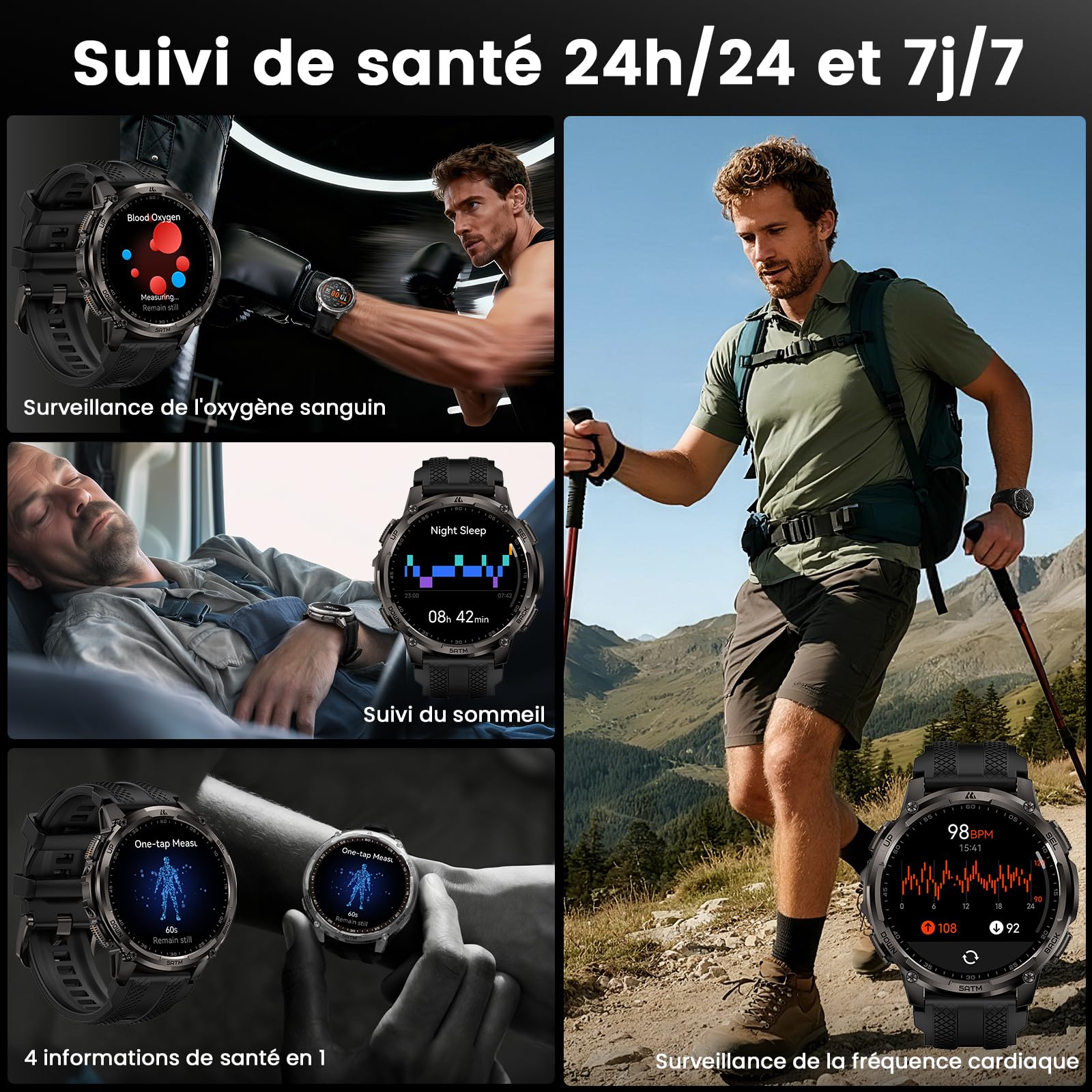 KOSPET Tank T4C GPS Montre Connectée Homme, Lampe Torche LED, Talkie-Walkie | Étanche 5 ATM et IP69K, 1,5'' AMOLED, Autonomie 15 jours, Suivi de Santé & Sommeil, 170+ Mode Sport, Compatible Android & iOS
