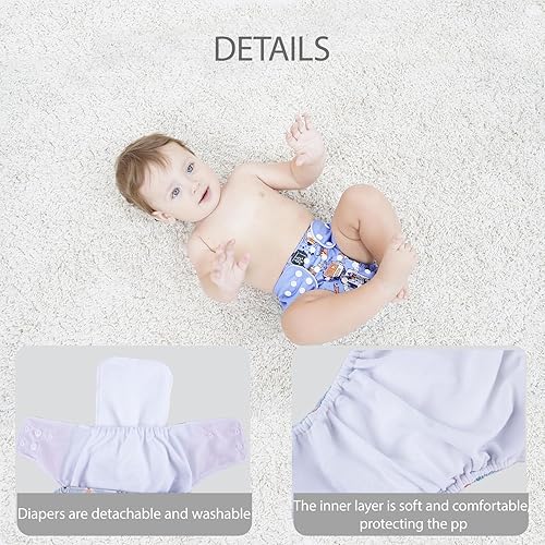 Miniatura 3 de AIO Pañal de tela para bebé, paquete de 4 con 8 inserciones, circunferencia de cintura ajustable, reutilizable para bebés niños y niñas (0 a 3