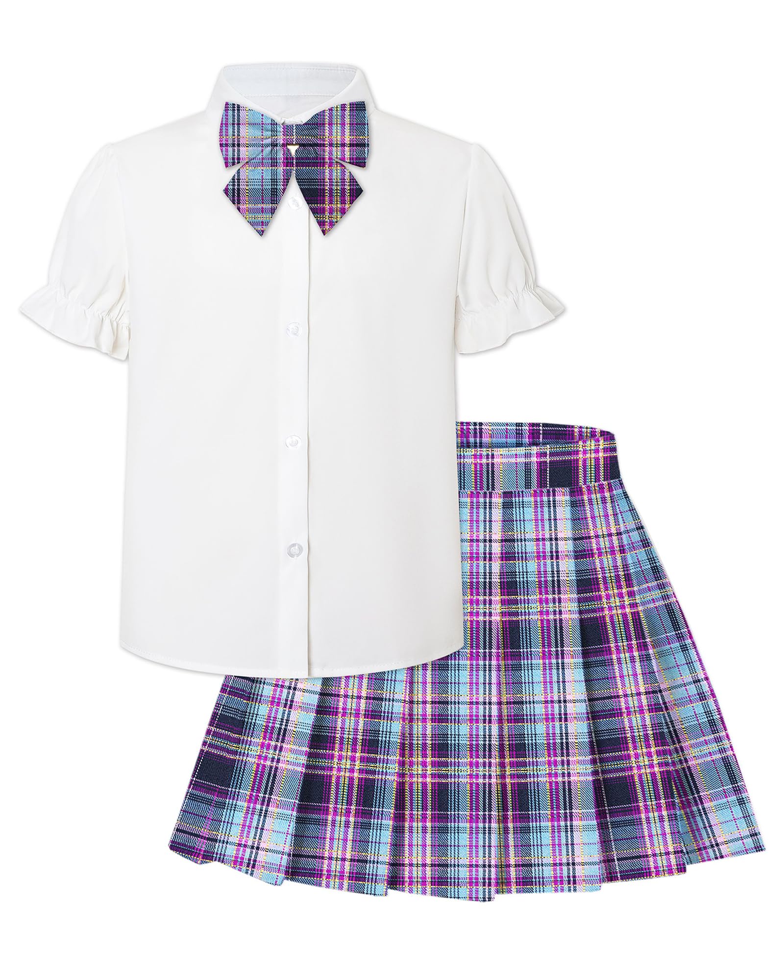 Betusline Girls Skirt Set JK School Uniform 2-Piece Outfit - Short Sleeve Shirt with Bow &amp; Pleated Skirt 4T-14Y