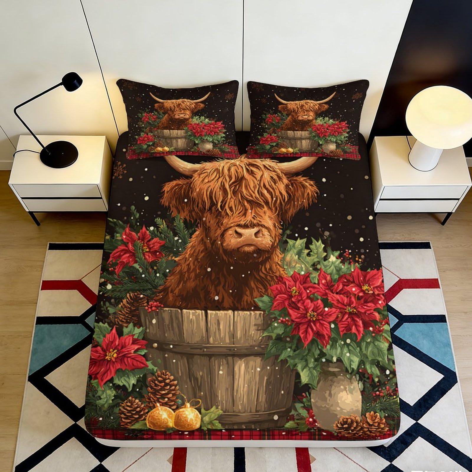 3D Printed Highland Cow Fitted Sheet Microfiber Deep Pocket for Adults Bedroom Bedding Highland Cow Mattress Fitted Cover Washable 160x200x25cm