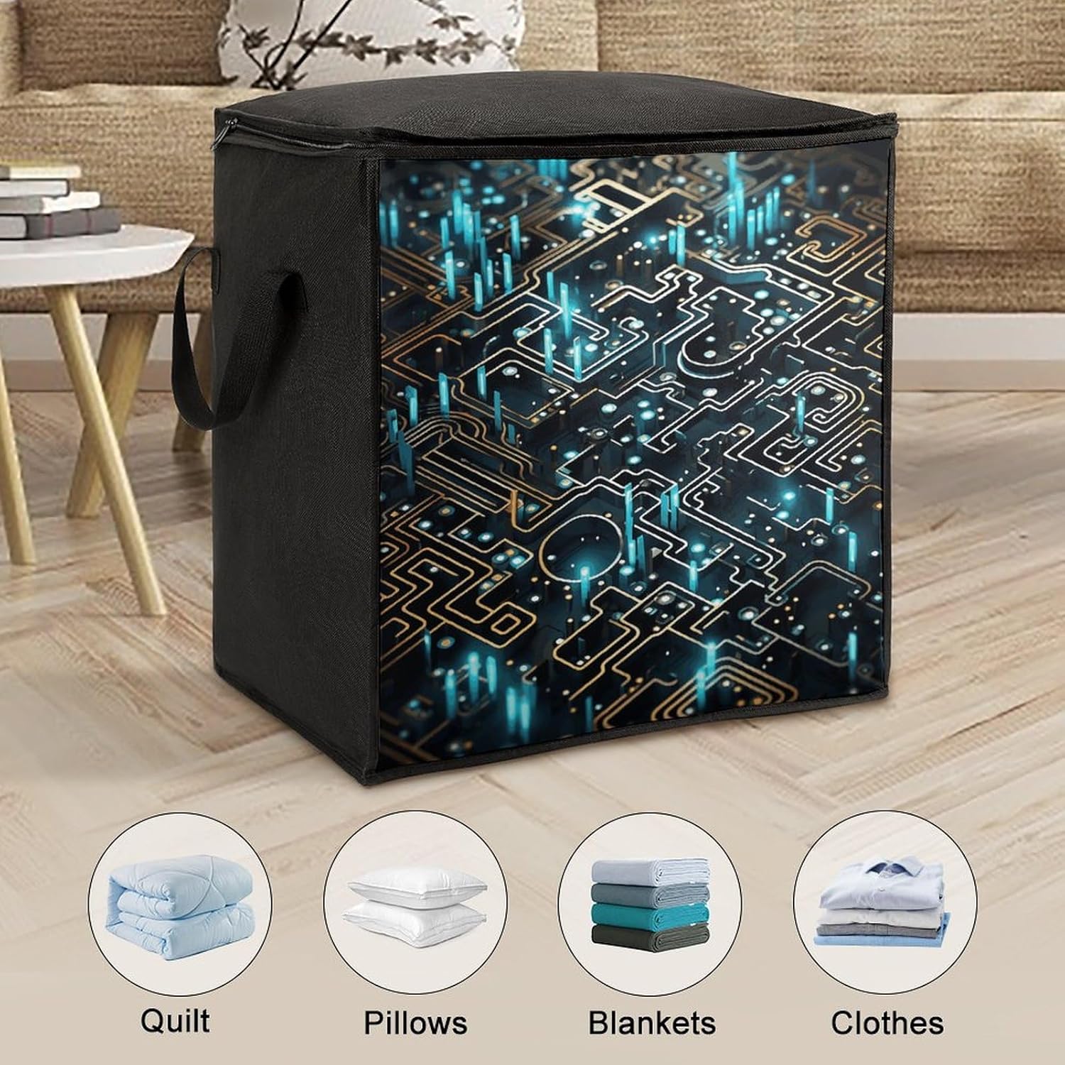 Portable Quilt Storage Bag,Coding Pattern Printed Foldable Wardrobe Storage Box Foldable Storage Bag with Lids And Handle Large Clothing Storage Bag for Comforters Clothes Blankets Pillows