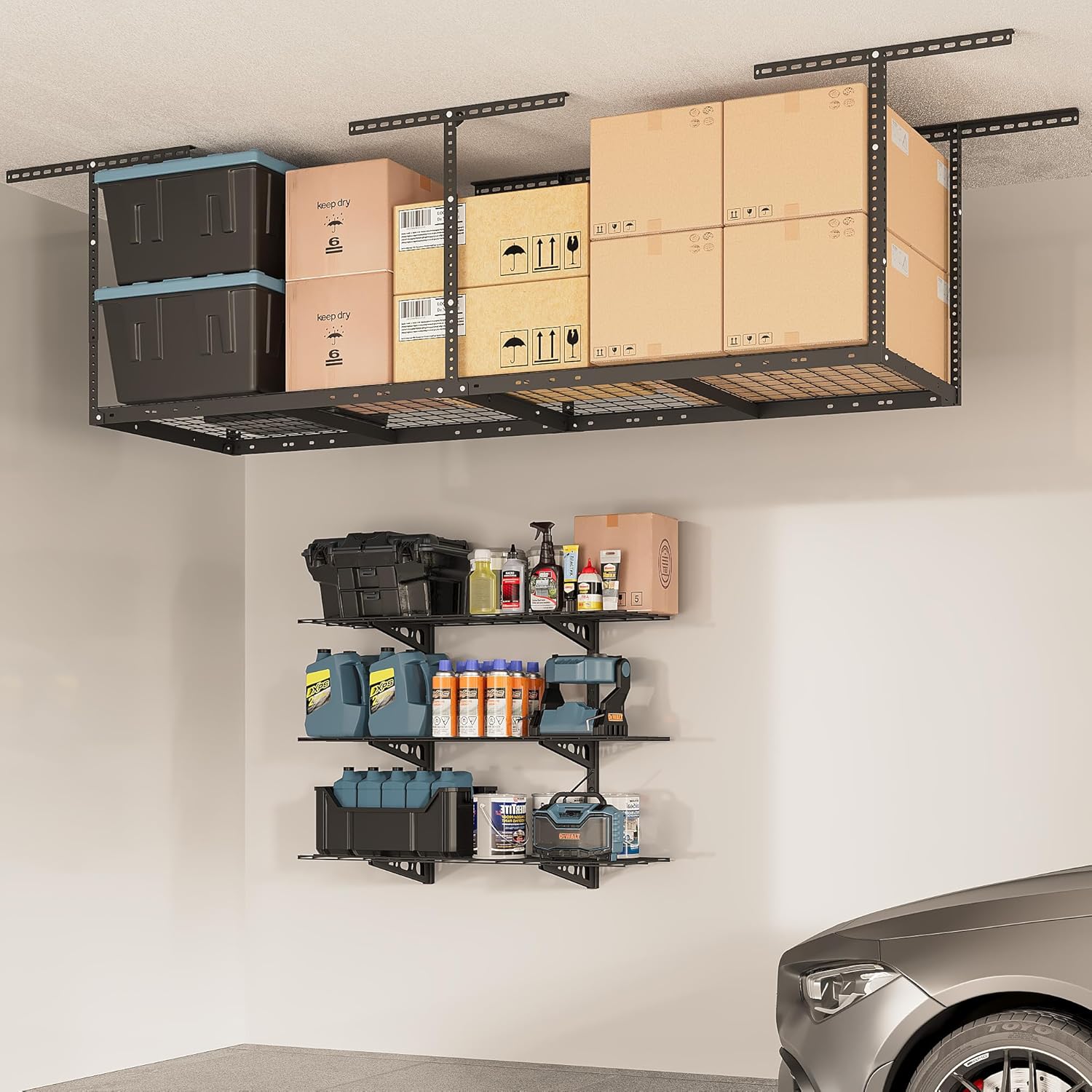 FLEXIMOUNTS 2x8 Overhead Garage Storage Rack, plus 3-Tier 1x4ft Wall Mounted Adjustable Shelving Unit, 450lbs+450lbs Capacity, Heavy-Duty Garage Organizer, Black