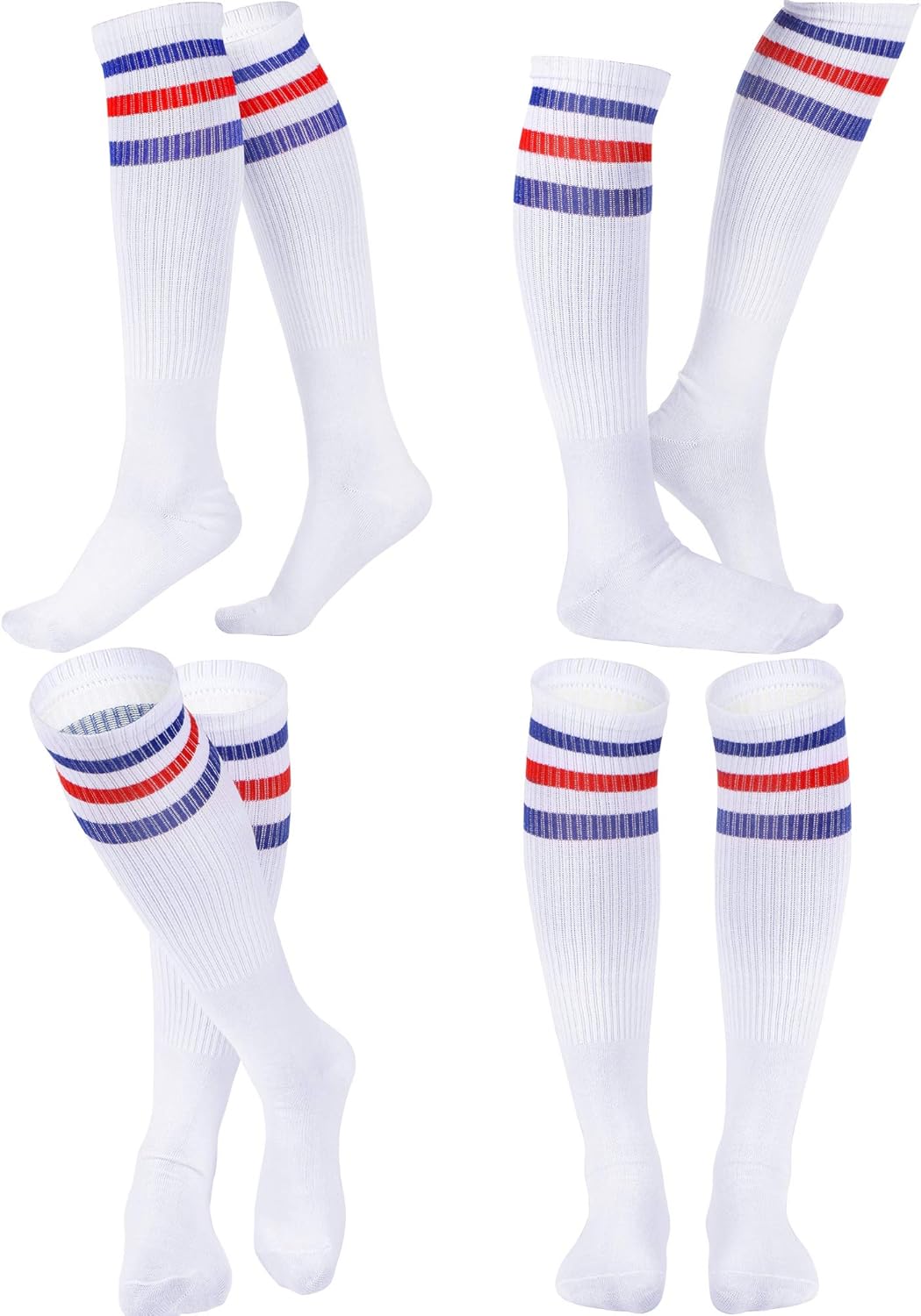 Syhood 4 Pairs Halloween Triple Stripes Knee Striped Socks Calf Socks 80s Retro Red Blue Halloween Stripe Socks for Men Women
