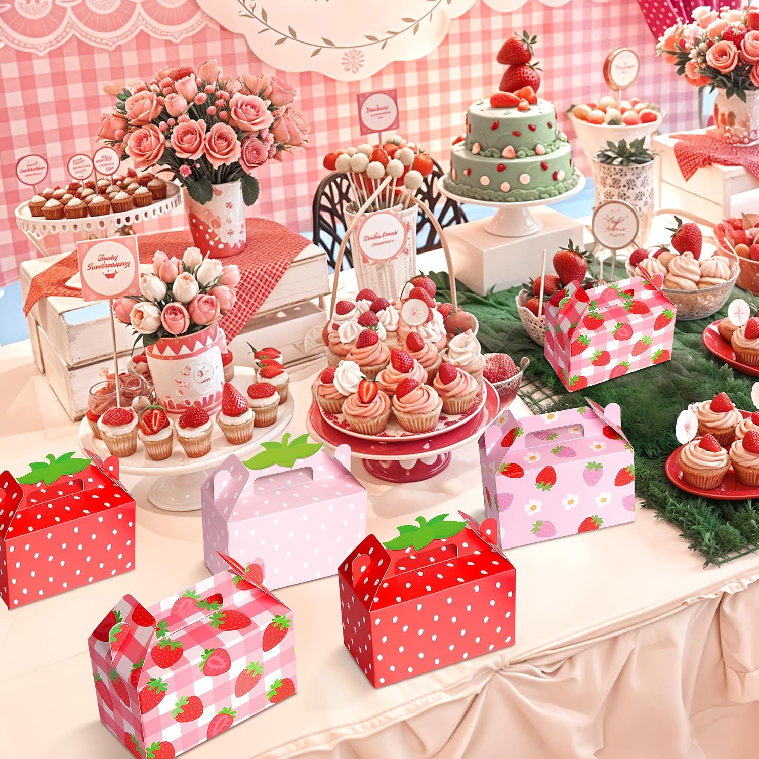 Kriyokiaa 24 Pcs Strawberry Party Favor Box, Berry First Birthday Party Favors Decor, Folding Paper Strawberry Candy Treat Gift Boxes for Baby Shower Decorations Supplies, 6.3 x 3.2 x 3.9 inch