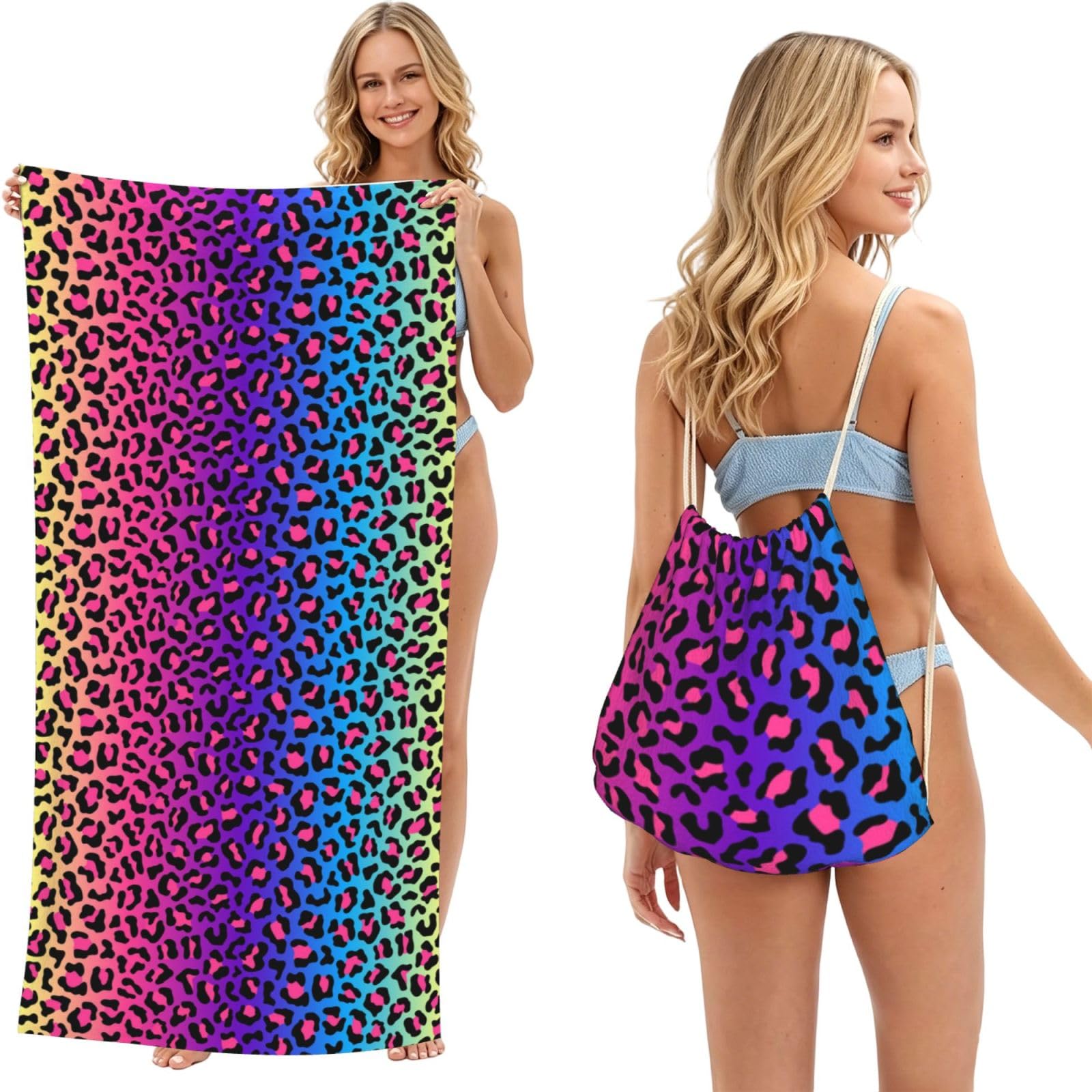 Poadnly As Picture Neon Color Gradient Leopard Print, 2 In 1 Packable Towel Bag, Beach Towels With Drawstring Backpack For Travel Holiday Camping