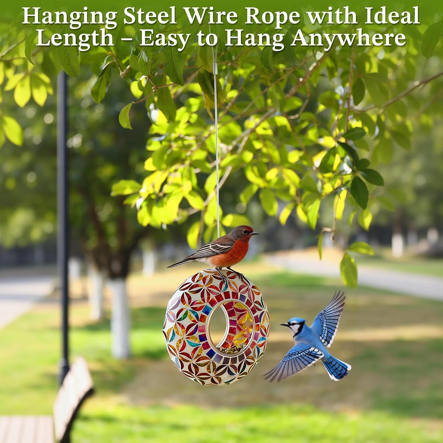 SAVENNA Mosaic Glass Hanging Bird Feeder, 6.3 Inch Handcrafted Outdoor Feeder with Steel Wire Rope, Decorative Garden & Patio Feeder for Wild Birds, Colorful Floral Mosaic Design