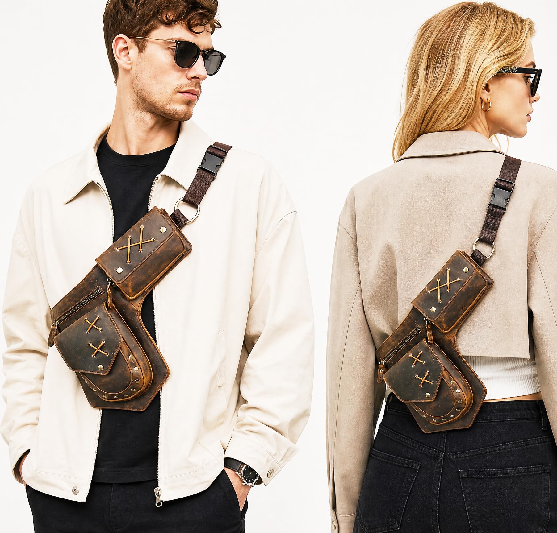 Toile Imperméable + Cuir Véritable Moto Fanny Sac de Taille Waist Bag Cuisses Sacs pour Les Jambes pour Hommes Femmes FB211-8 (100% Cuir véritable - a - Marron)