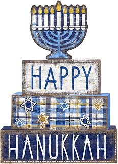 DIYDEC 4Pcs Hanukkah Table Decoration Happy Hanukkah Wooden Block Wooden Menorah Decoration Chanukah Table Centerpiece Sign Jewish New Year Decor for Holiday Gifts Tabletop Fireplace Shelf Desk Party