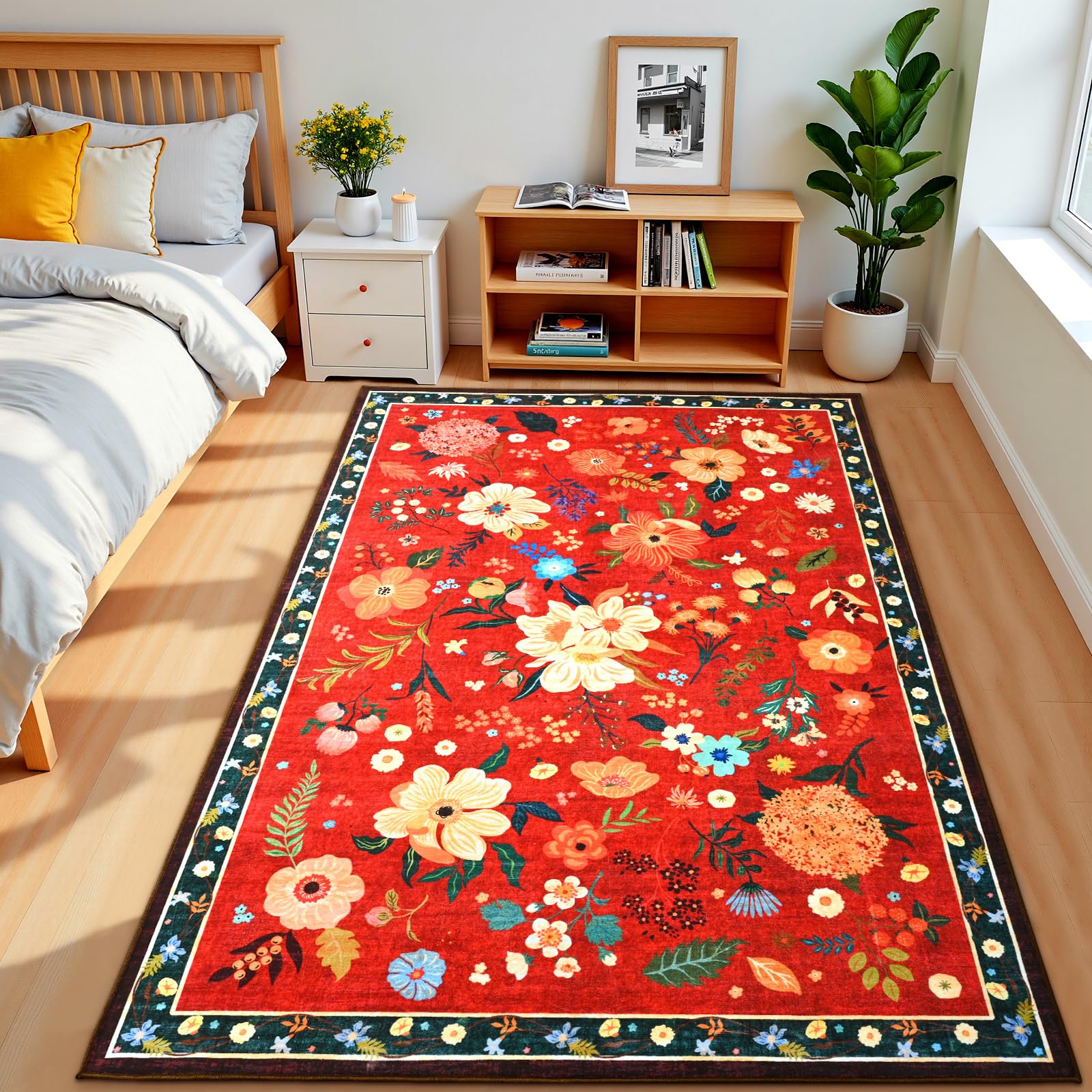 Terrug Floral Washable Area Rug for Bedroom, 3x5 Red Christmas Rug Boho Ultra-Thin Rugs for Entryway, Soft Non Slip Carpet Vintage Rug for Living Room