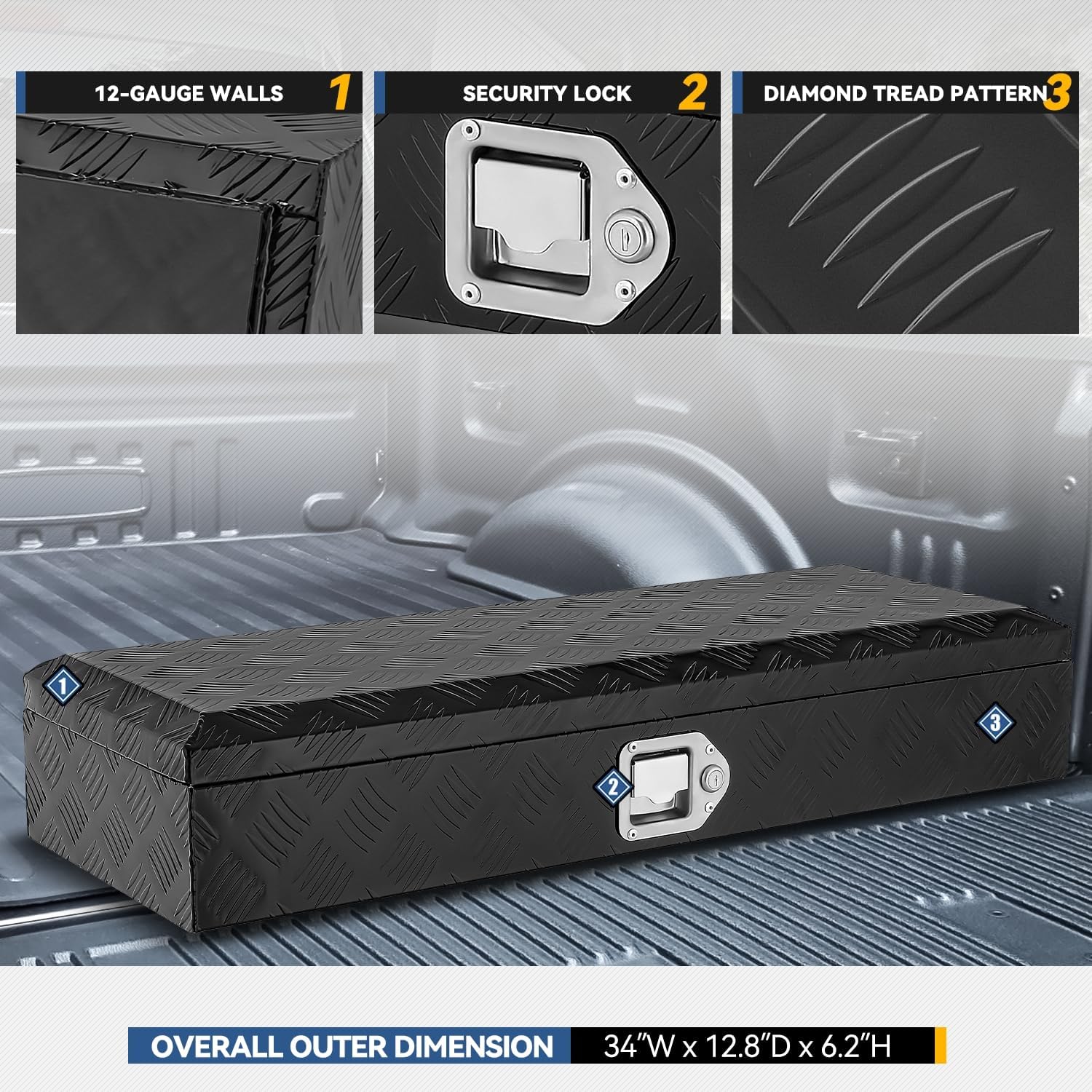 Auto Dynasty 34 Inch Aluminum Truck Bed Box Tool Underbody Box Truck Storage Organizer Chest with Lock and Keys for Pick Up Truck Bed, RV Trailer, 34" x 6.2" x 12.8'', Black