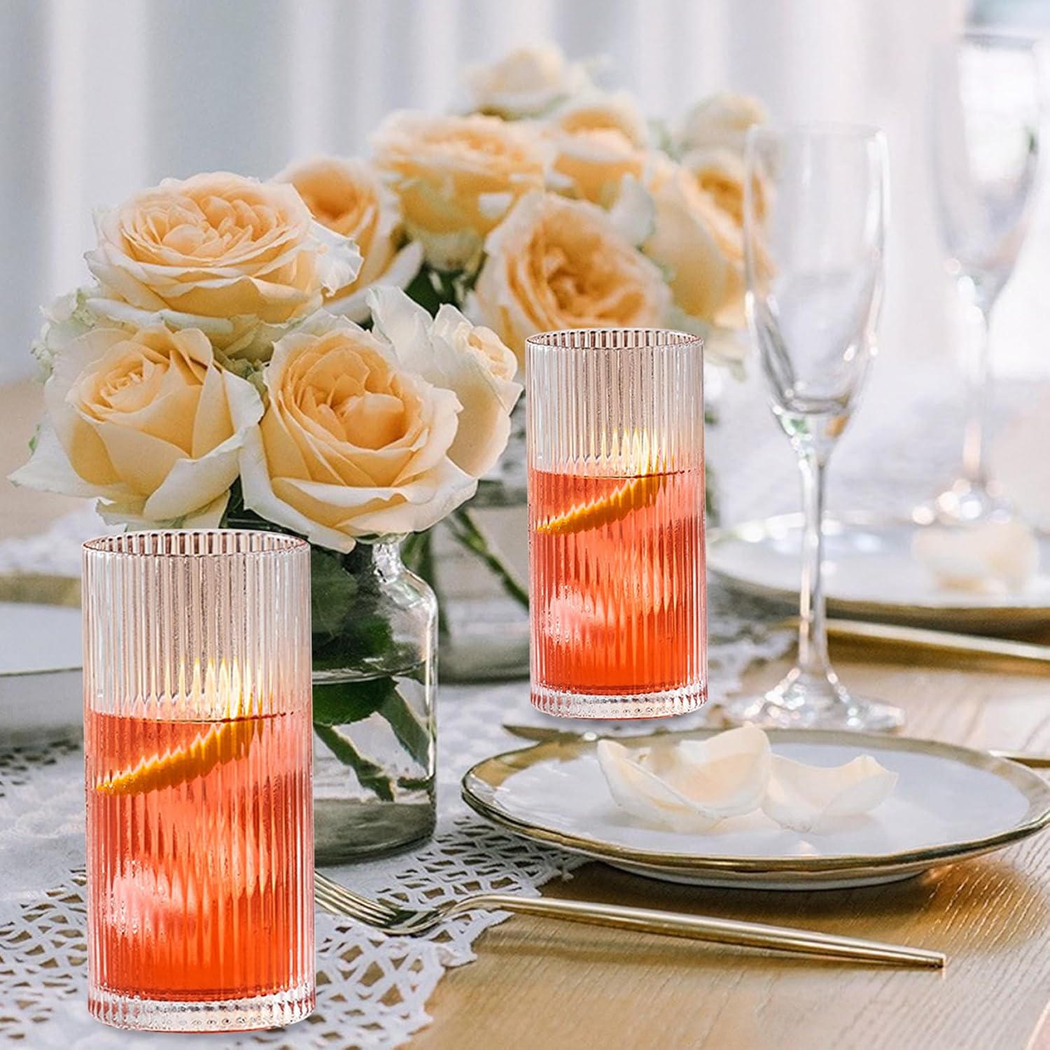 Ribbed Glasses 4Pcs 450ml Glass Ribbed Cups Round Minimalist Glass Cups Transparent Glassware for Cocktail Iced Coffee Juice Beer Soda