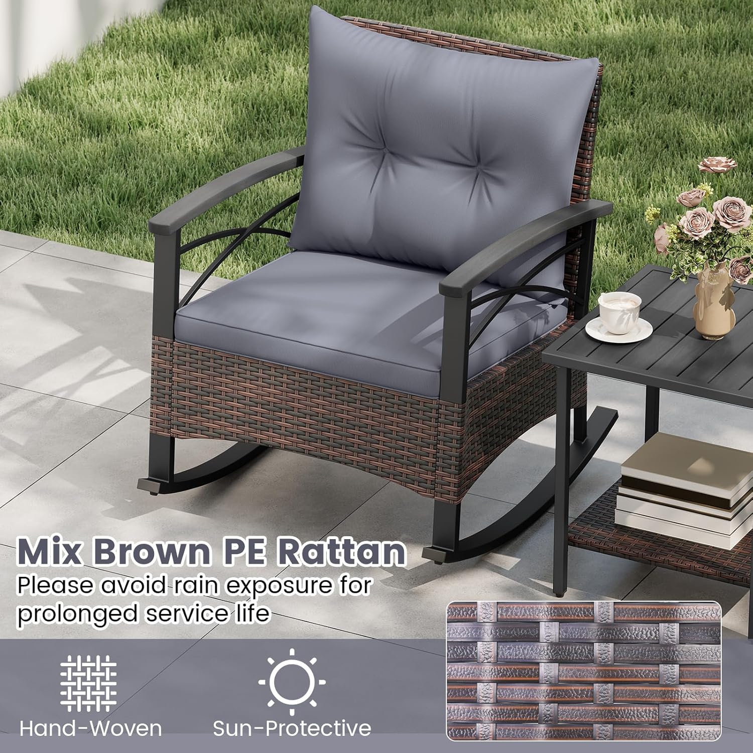 HAPPYGRILL 3 Piece Rocking Bistro Set PE Rattan Rocker Chairs with Table and Cushions, Patio Furniture Outdoor Conversation Set for Front Porch, Garden and Poolside (Gray)