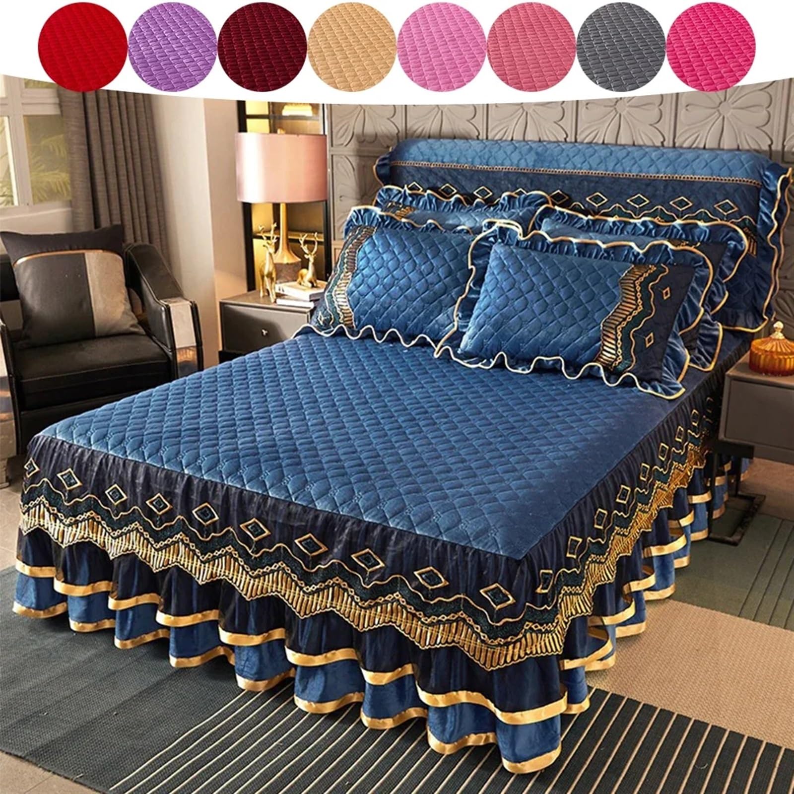 Gonne da Letto in Pizzo di Velluto Autunnale e Invernale, copriletto in Cotone Spesso, Lenzuolo da Letto(Color 18,2PCS Pillowcase)