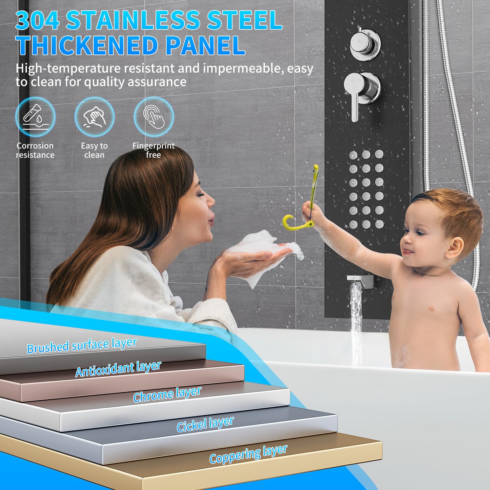 Sistema de panel de ducha con 5 modos, Negro Panel de Ducha Acero Inoxidable para Baño,hidromasaje y cascada,caño para bañera y cabezal de ducha con manguera, baño