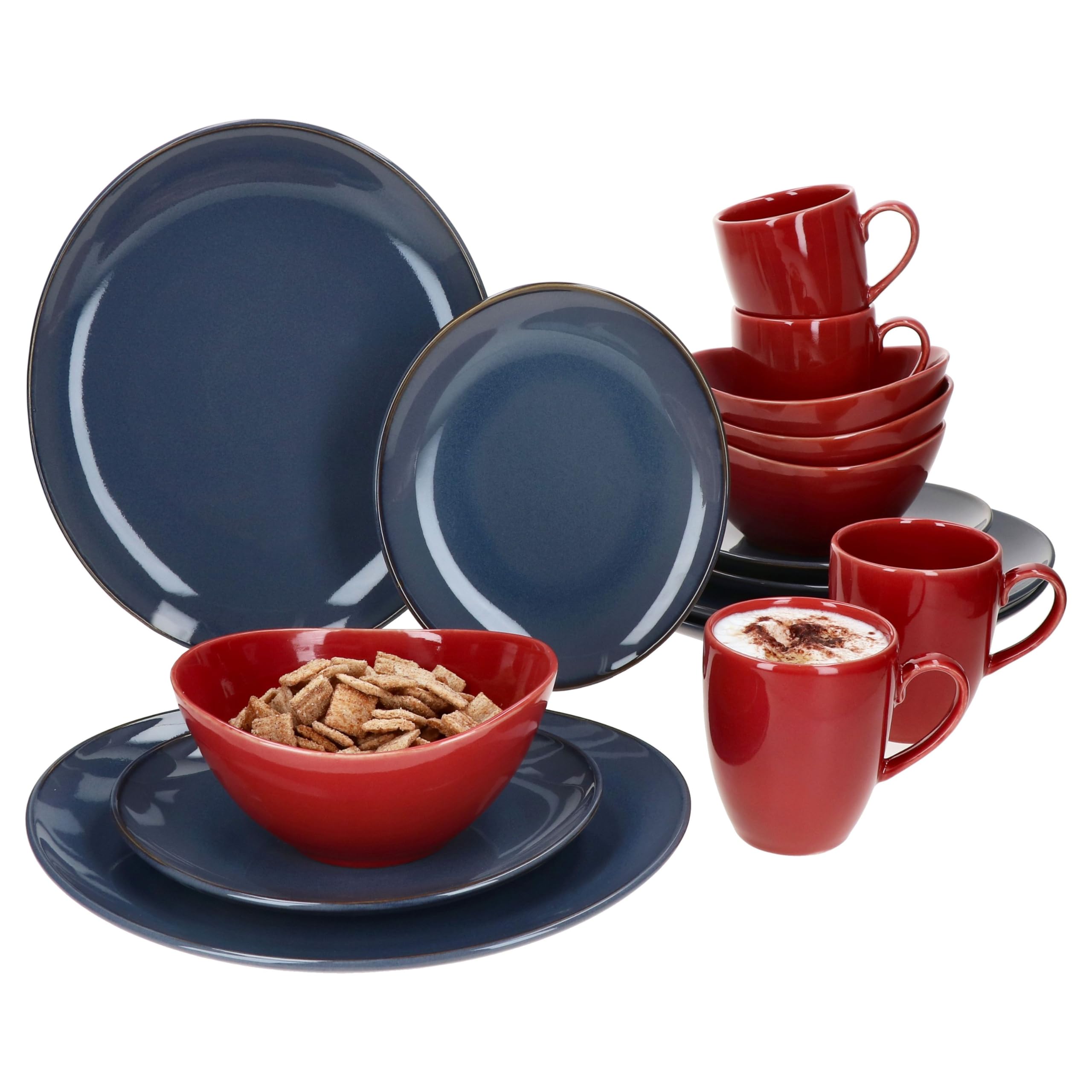 MÄSER Natural Service de table 16 pièces pour 4 personnes bleu et rouge I Service de table en faïence avec 4 tasses à café de 270 ml, bols de 400 ml, assiettes à gâteau et assiettes plates I Petit