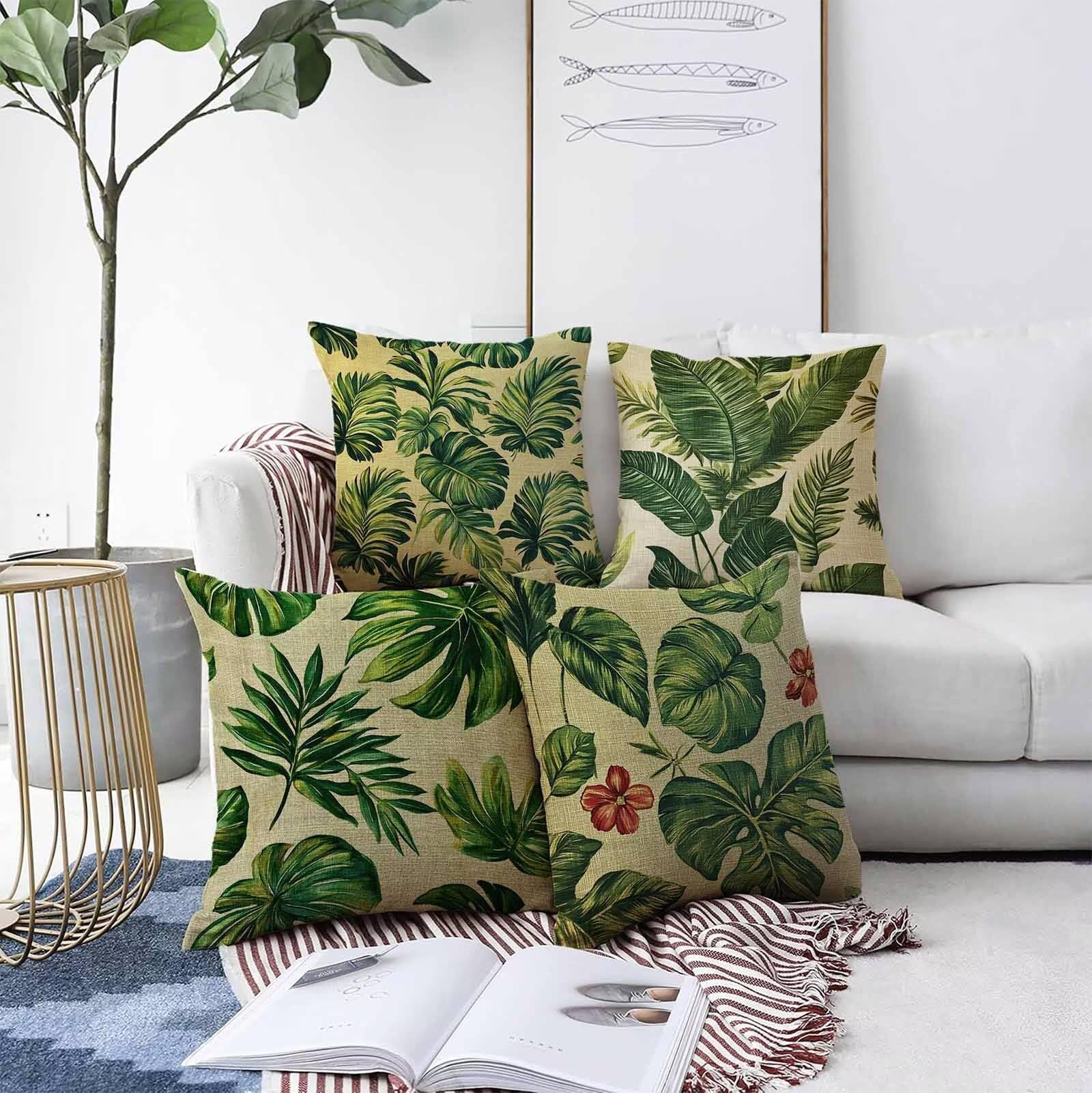 Vert Housse Coussin 65X65cm Feuilles Conception de Motifs Lin Matériel Coussin Canape Lot de 4, avec Fermeture Eclair Caché Exterieur Impermeable pour Lit Chambre Canapé Decoration Maison PjY8474 4-1