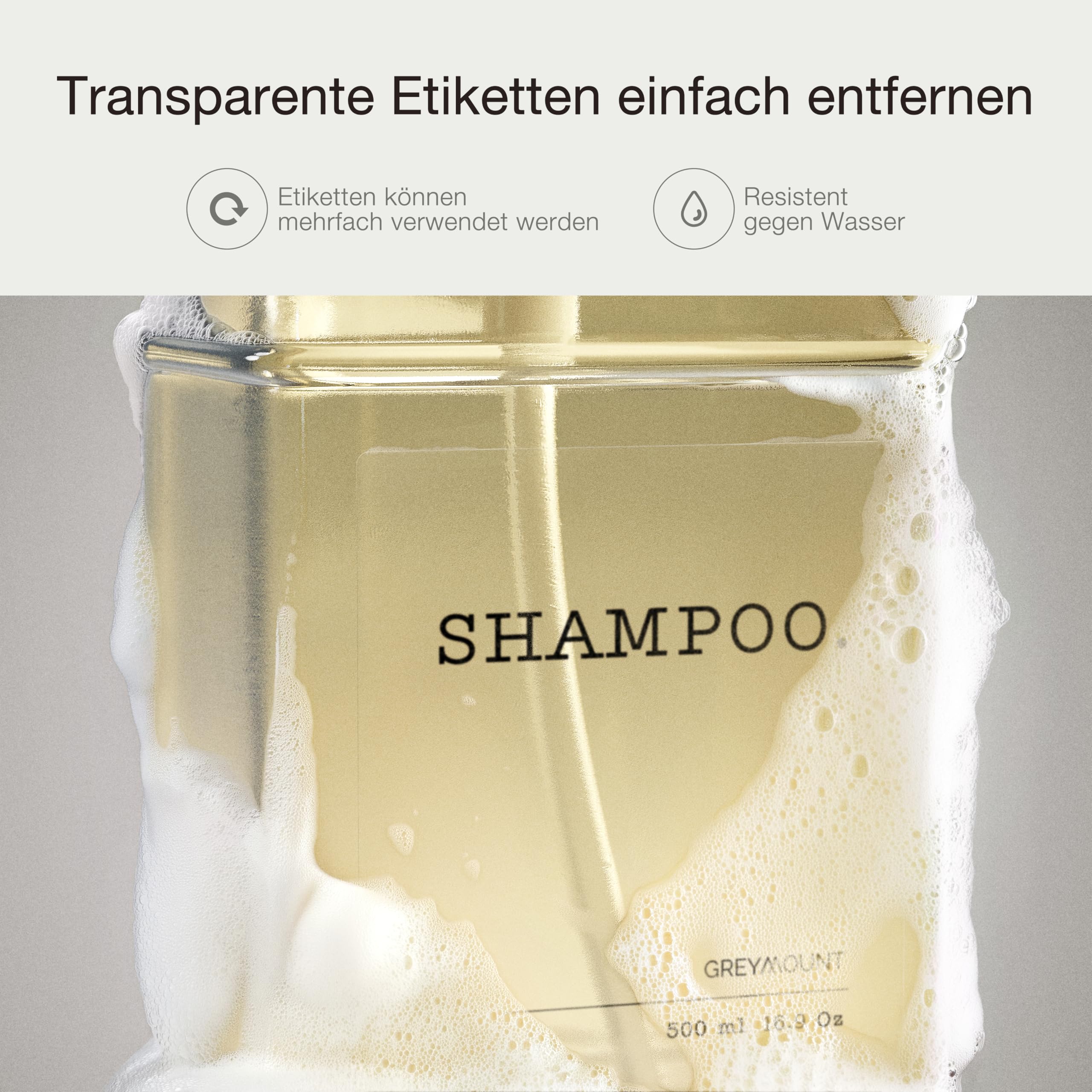 GREYMOUNT Glazen zeepdispenser, set van 2 stuks, 500 ml, roestvrijstalen pompdispenser voor vloeibare zeep, afwasmiddeldispenser voor keuken, handzeepdispenser voor badkamer, incl. 6 waterdichte