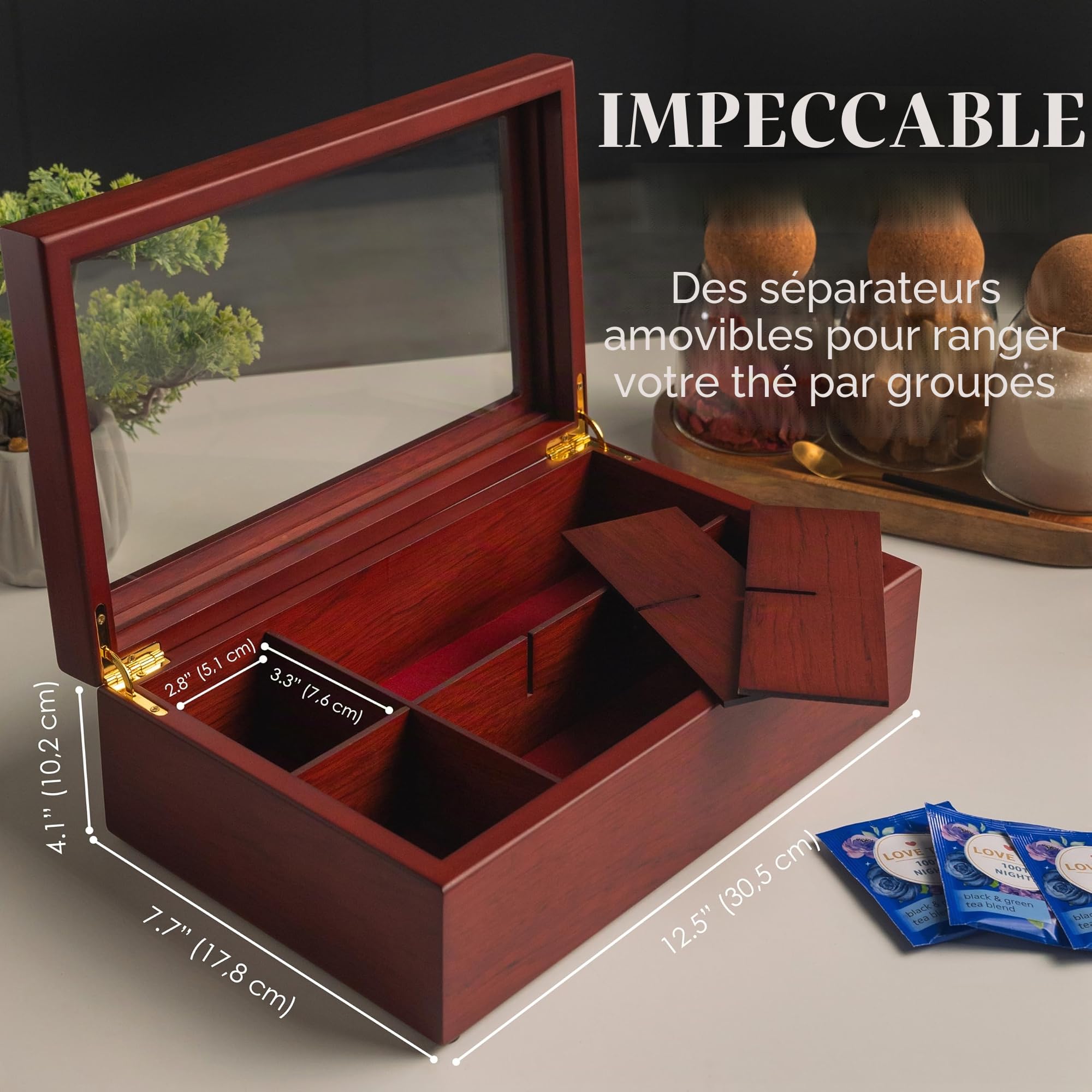 Apace Living Premier Collection Boîte à thé en bois avec 8 compartiments réglables et fenêtre résistante aux rayures