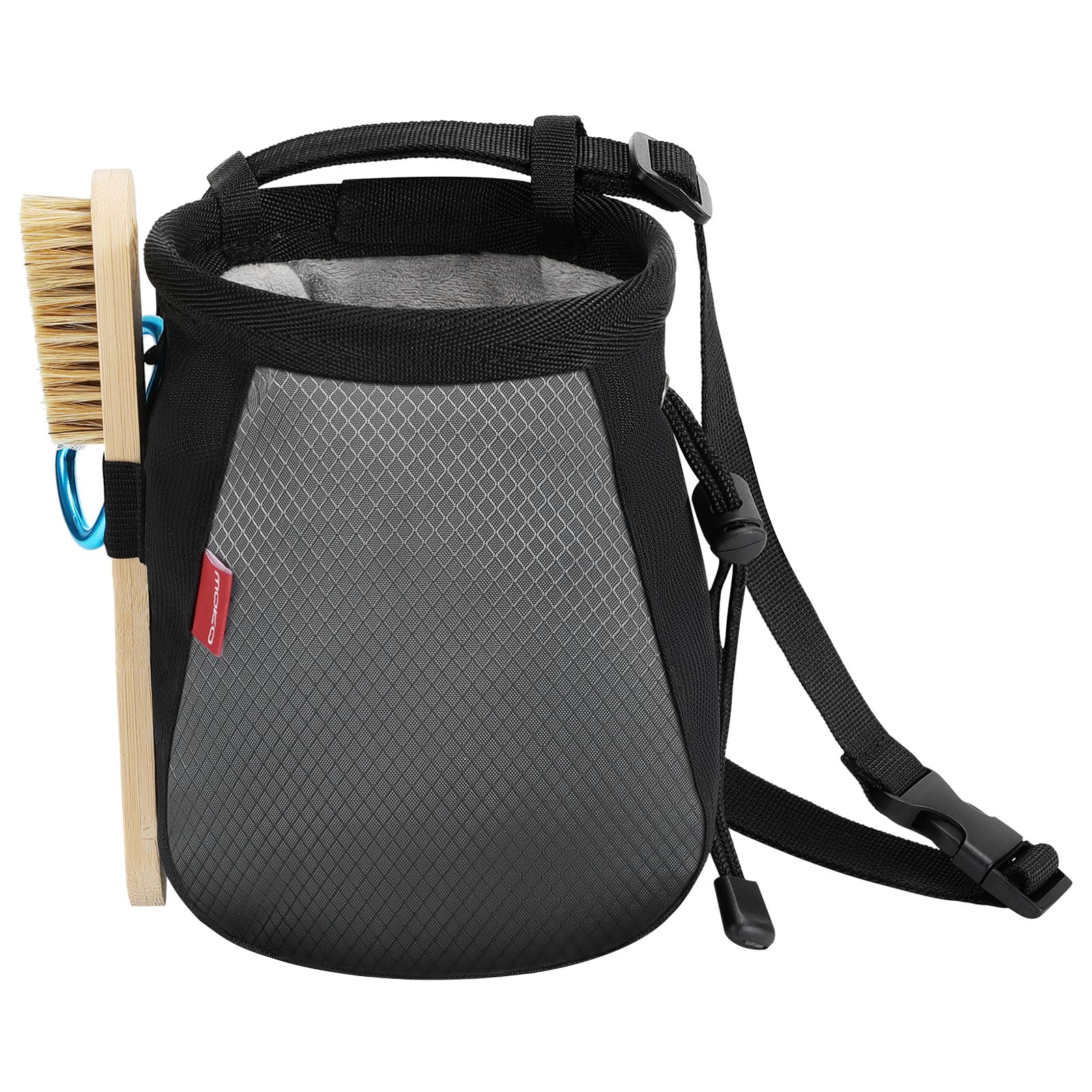 MoKo Rock Climbing Chalk Bag, Bouldering Chalk Pot Bucket with Adjustable Belt & Carabiner Drawstring Climbing Gear for Rock Climbing Weight Lifting Gymnastics Crossfit - Black+Grey