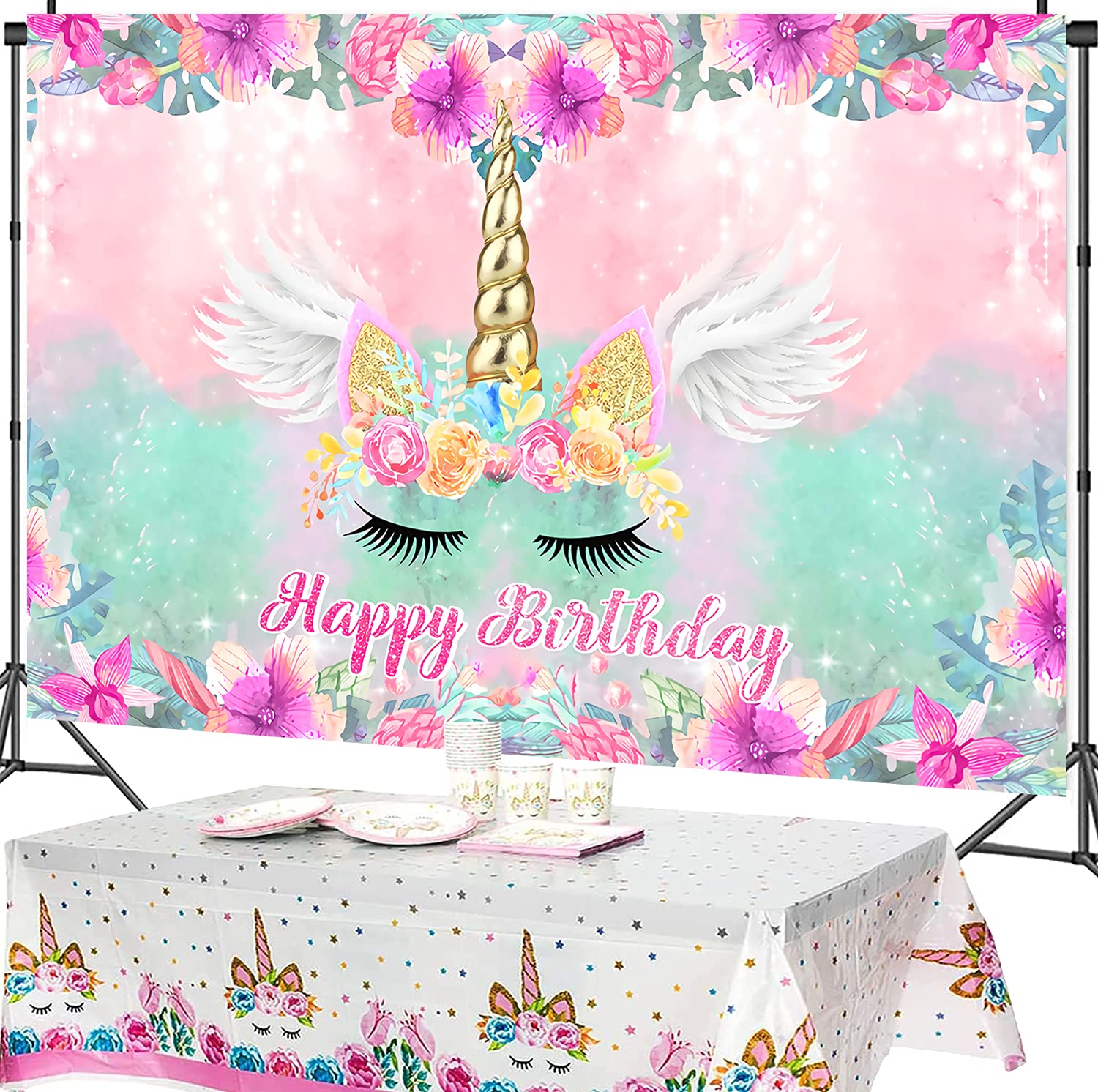 Unicorn Backdrop and Tablecloth for Pink Theme Birthday Party Supplies, Floral Unicorn