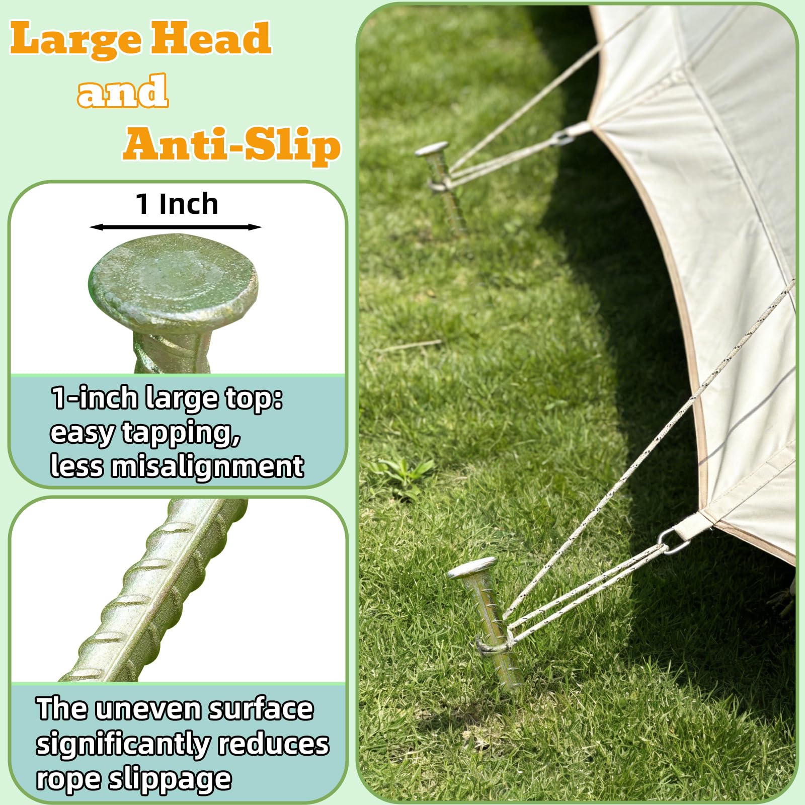 Lot de 20 piquets d'armature de 40,6 cm – Ancrages au sol en acier galvanisé de 1,27 cm de diamètre – Piquet de tente de camping en métal avec extrémité pointue pour ralentissement, sol dur