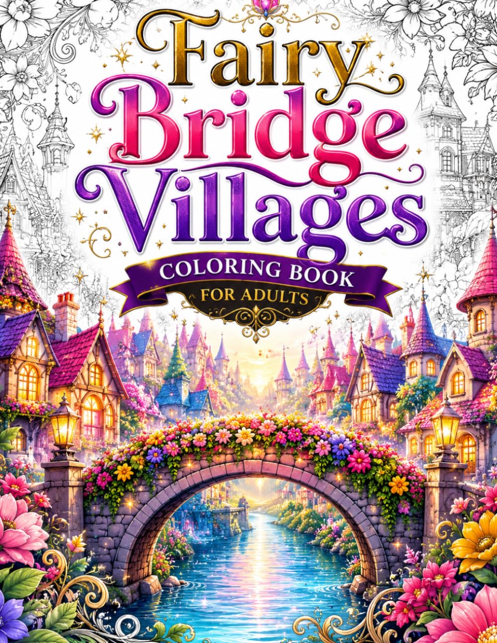 Fairy Bridge Villages Coloring Book for Adults: 50 Cozy Fantasy Bridge Towns, Enchanted Fairy Houses, Magical Treehouse Kingdoms, Mushroom Mansions, ... Stress Relief and Creative Adventure