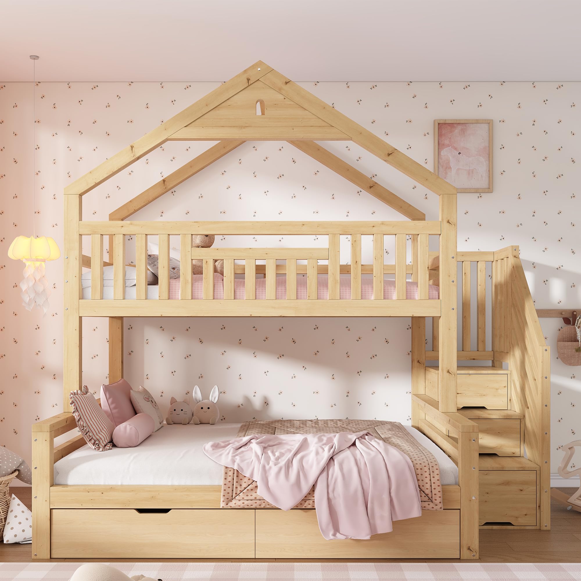 Shye Letto a castello per bambini, 90 x 200 e 140 x 200 cm, in legno con scale, 2 cassetti, tetto a battente, letto familiare, colore rovere (senza materasso)