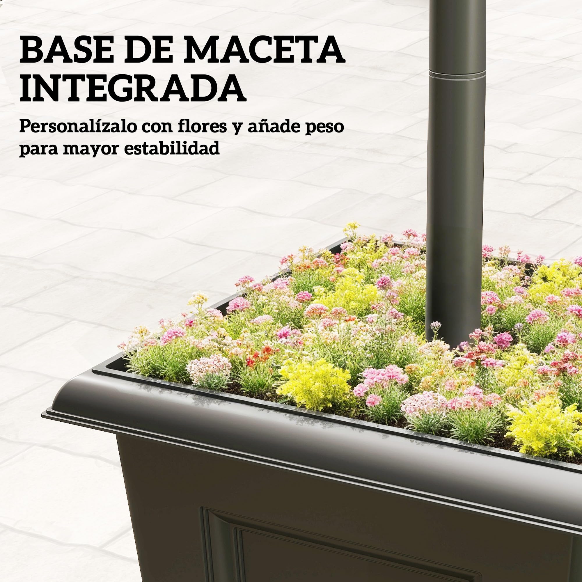Outsunny Farola Solar Exterior de Jardín con Macetero 3 Cabezales Impermeable IP44 Encendido/Apagado Automático y Altura Ajustable Luz Solar de Exterior LED para Terraza Patio 52x52x185 cm Negro