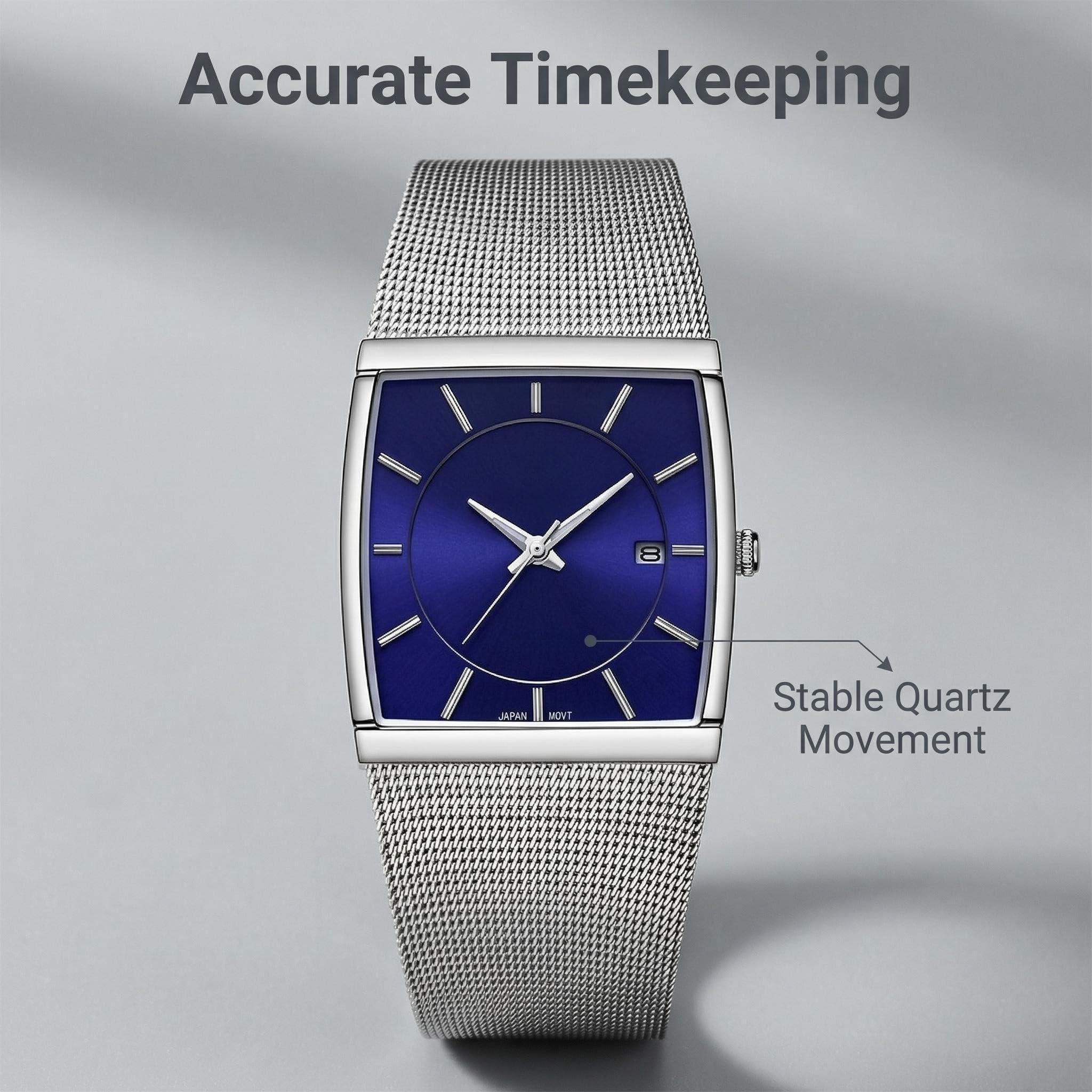 Einfache rechteckige Analoguhr für Herren, ultradünnes Edelstahl-Mesh-Armband, minimalistischer Stil, Armbanduhr, Geschenkbox