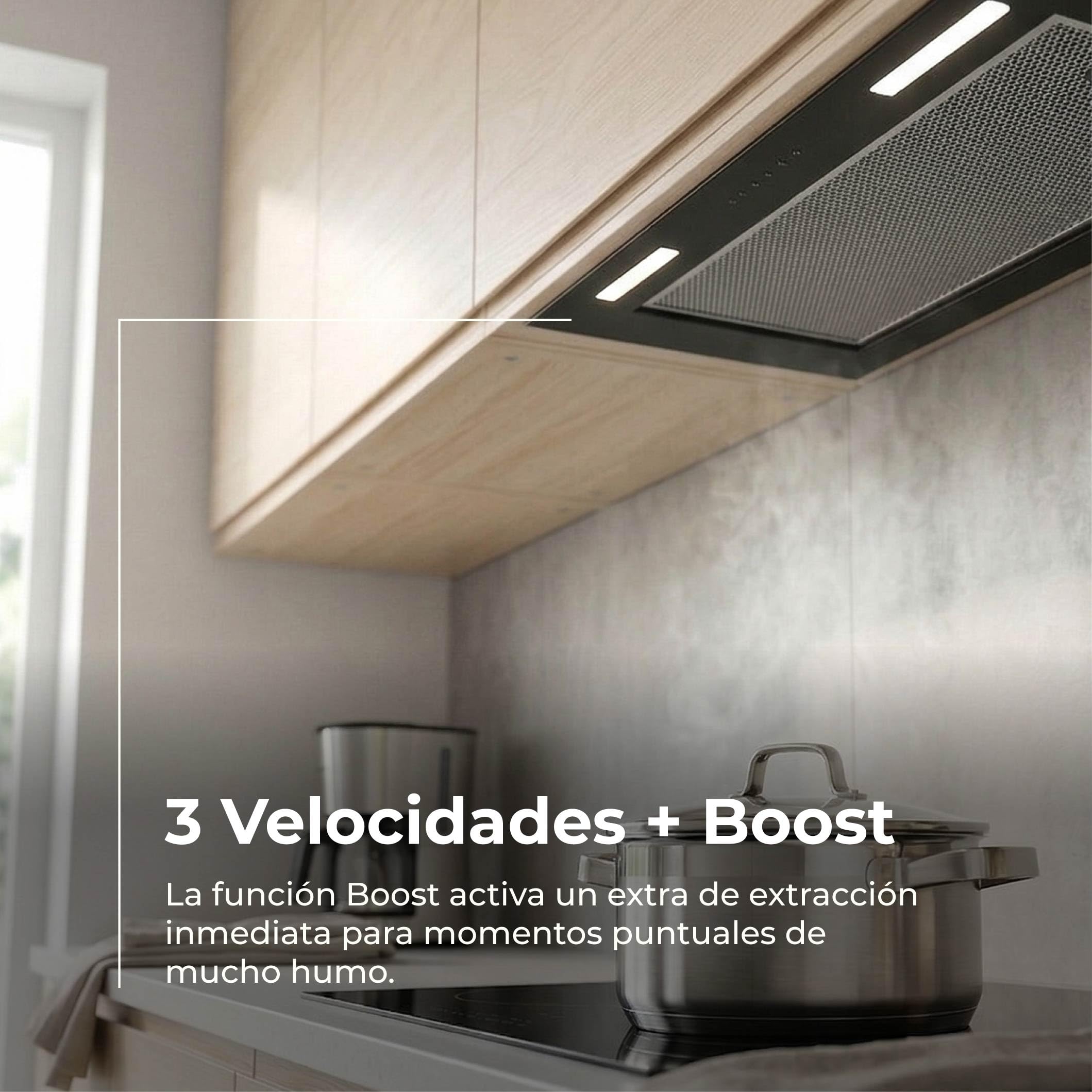 EVVO CEi52 Black - Campana Extractora 60 cm Integrable, Succión 875 m3/h, Motor 200W, Extractor de Cocina con Filtro Carbón y Aluminio, Campana Extractora Negra Silenciosa