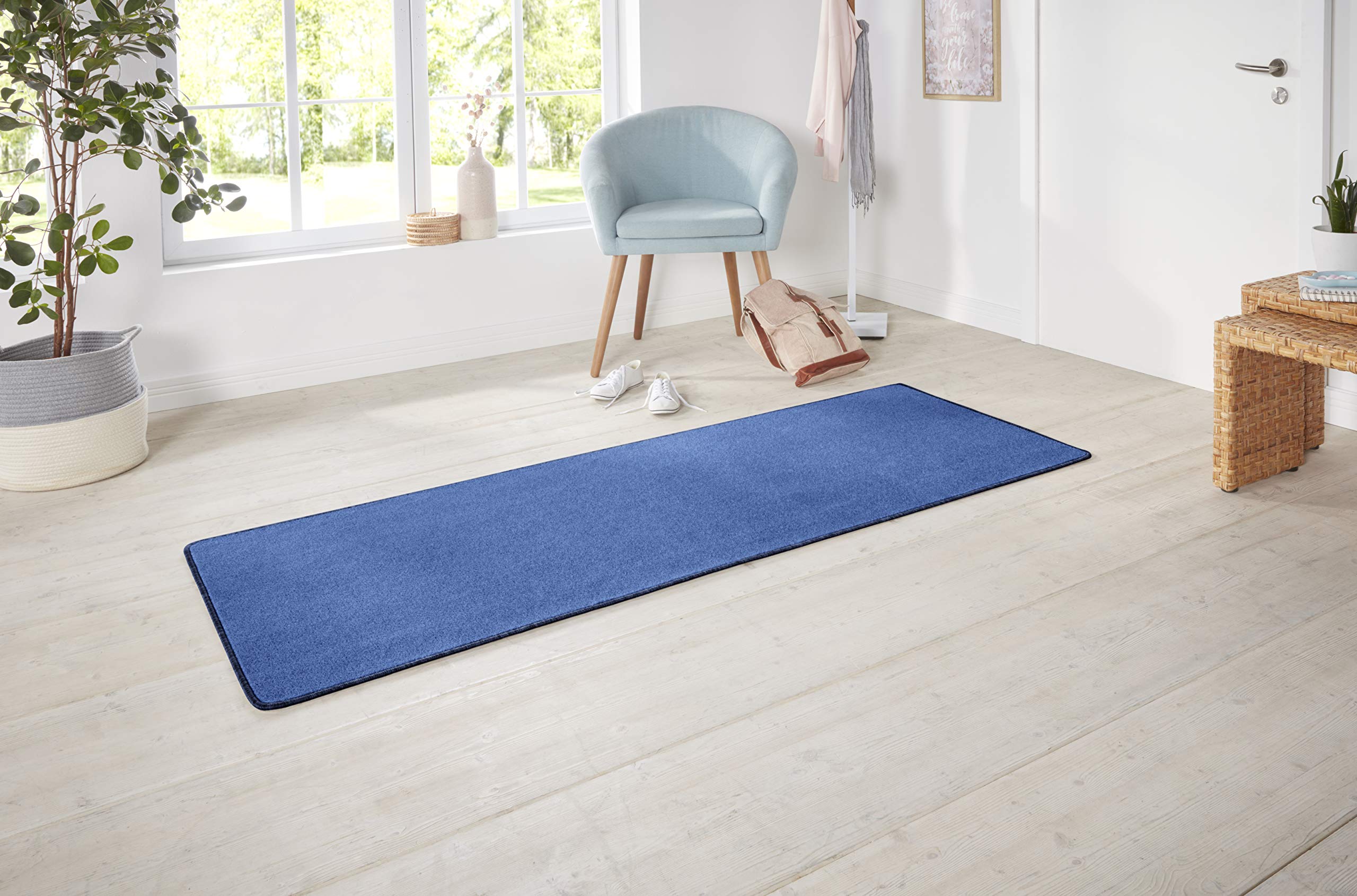 Tapis de couloir bleu uni 80x300 cm moelleux à poils courts HANSE Home